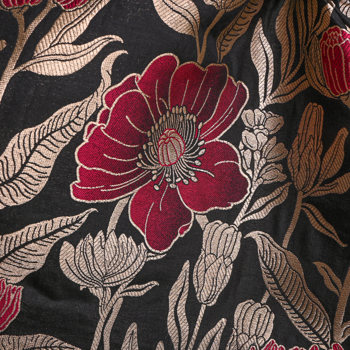 Ink Black Gold Zari Poppy Floral Jamawar Silk Fabric
