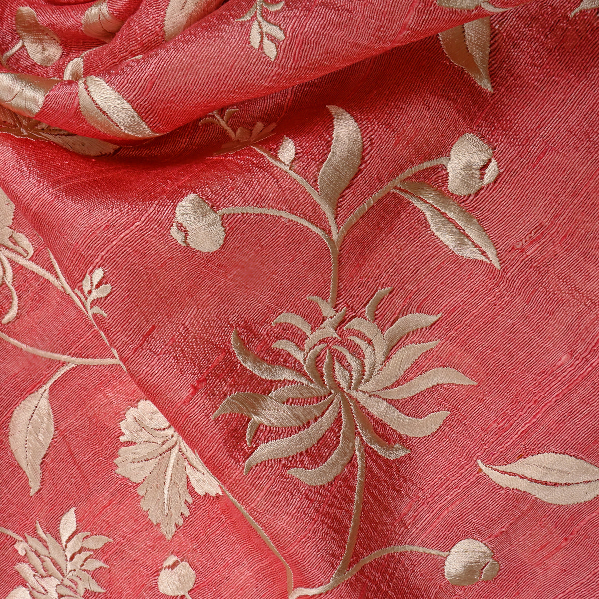 Rose Pink Floral Jaal Thread Work Raw Silk Fabric