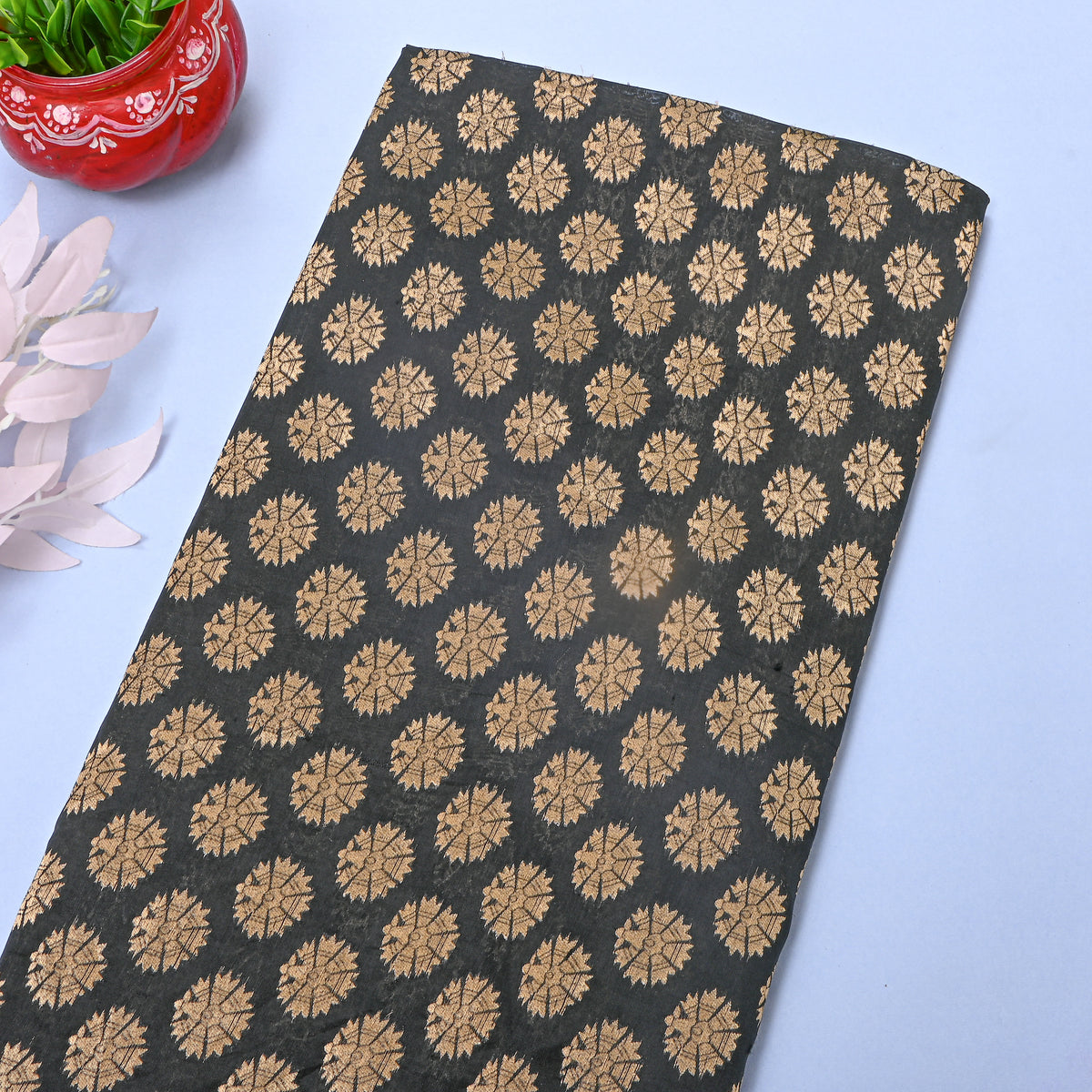 Charcoal Black Gold Sunburst Self Weave  Banarasi Silk Fabric