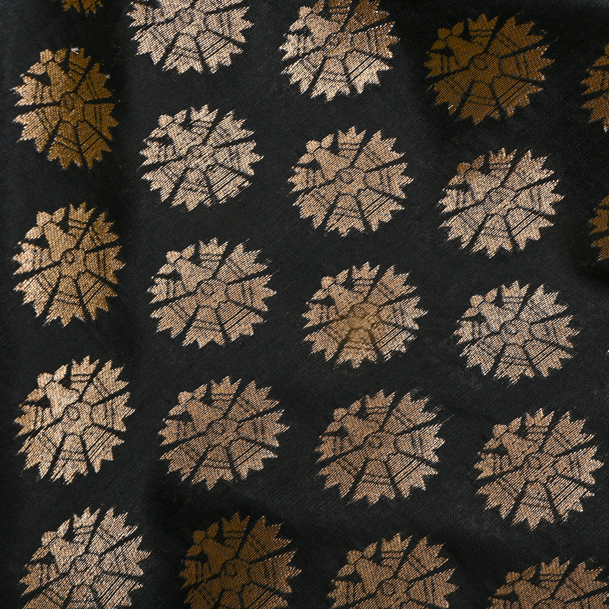 Charcoal Black Gold Sunburst Self Weave  Banarasi Silk Fabric