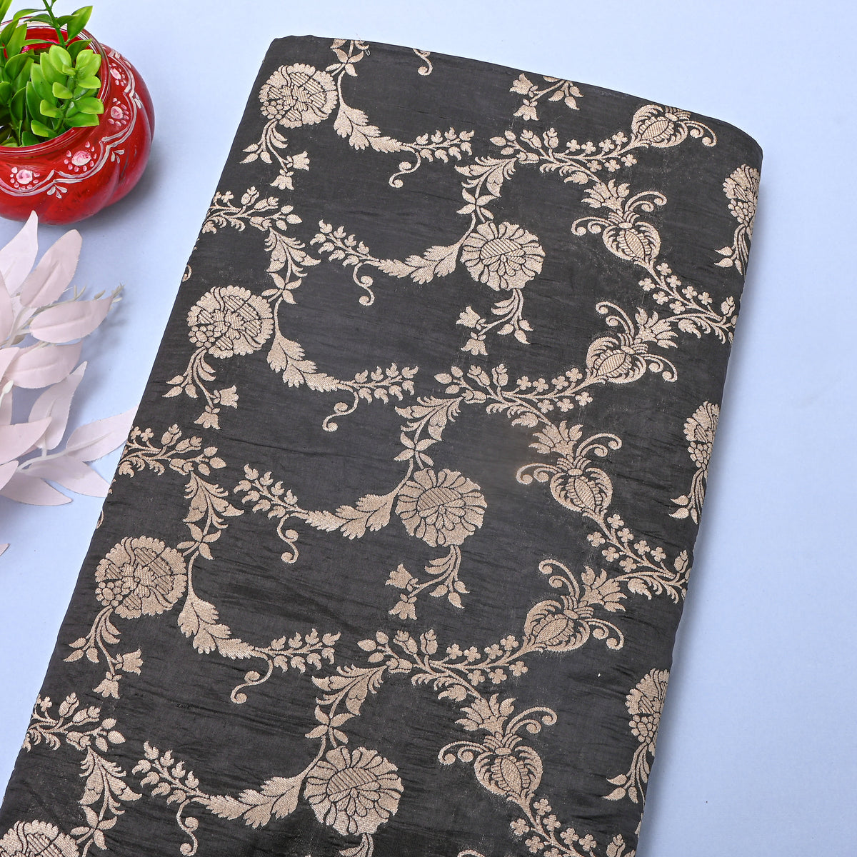 Jat Black Floral Jaal Jamawar Silk Fabric