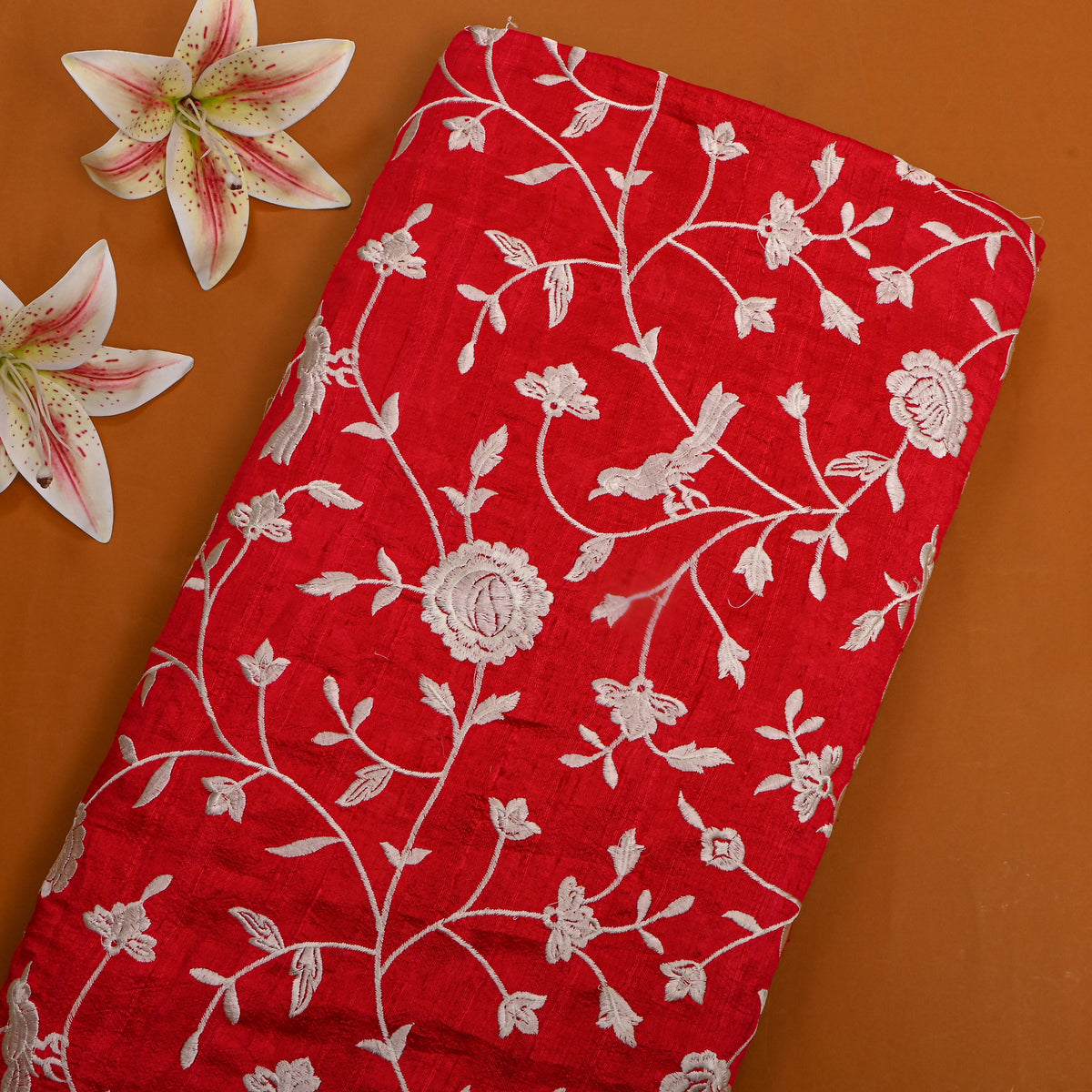 Red Floral Jaal Raw Silk Fabric