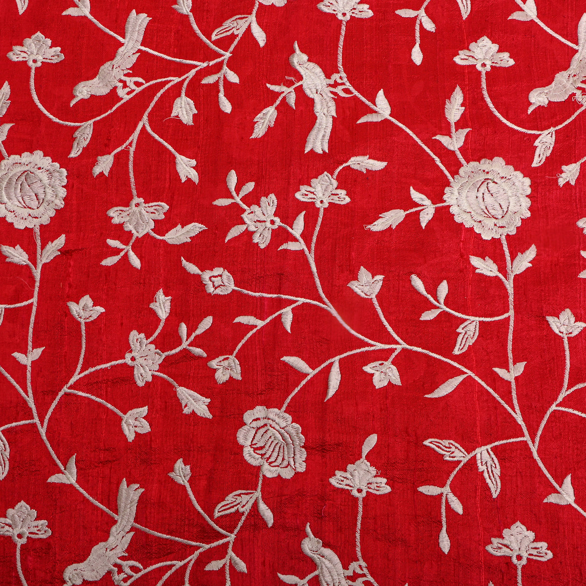 Red Floral Jaal Raw Silk Fabric