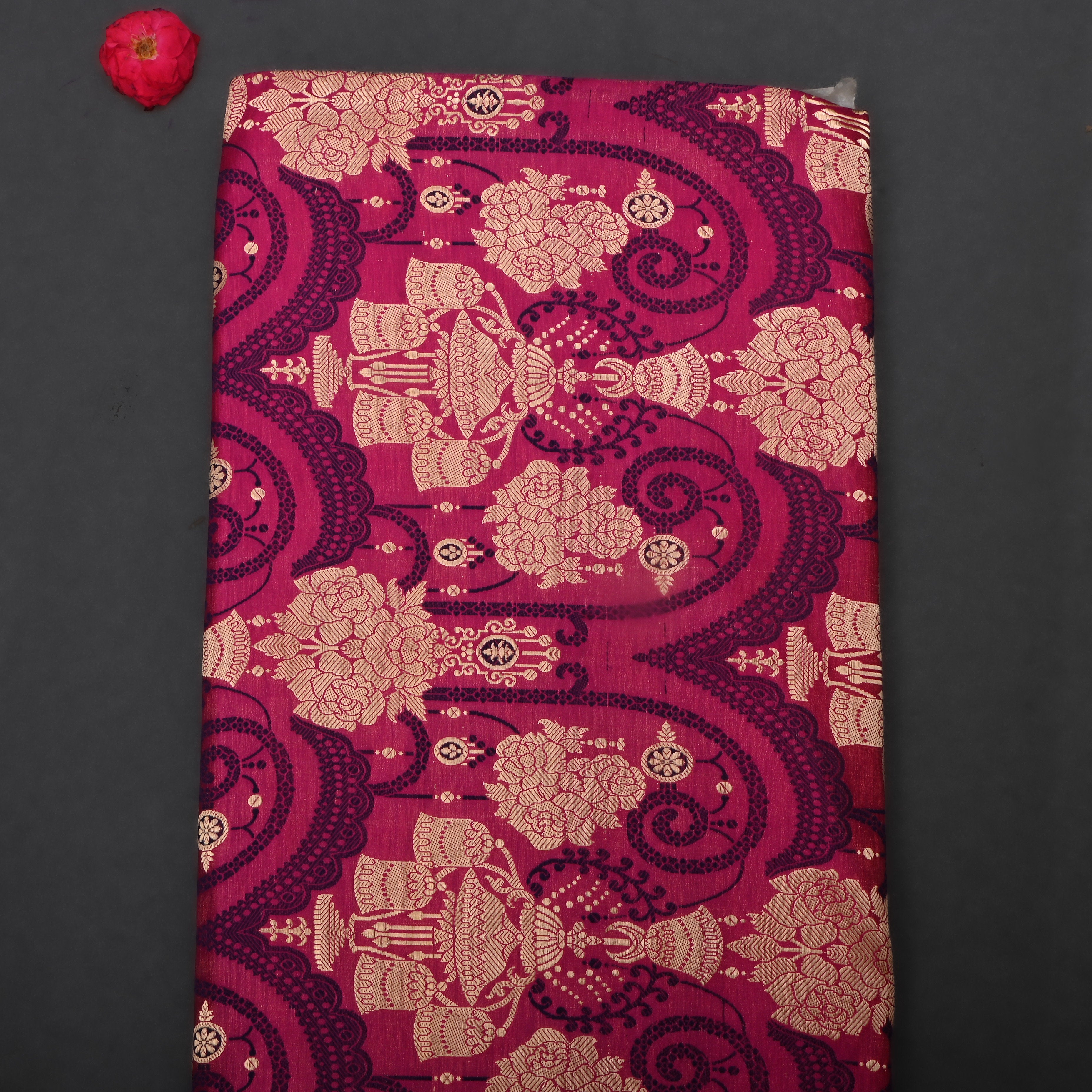 Pink Cranberry Jamawar Satin Fabric With Jaal Design