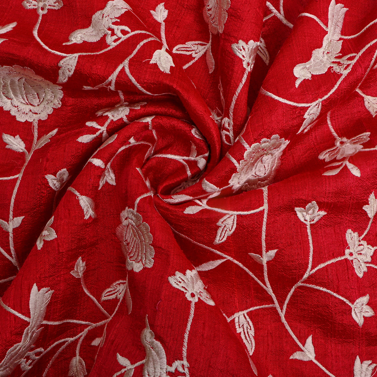 Red Floral Jaal Raw Silk Fabric