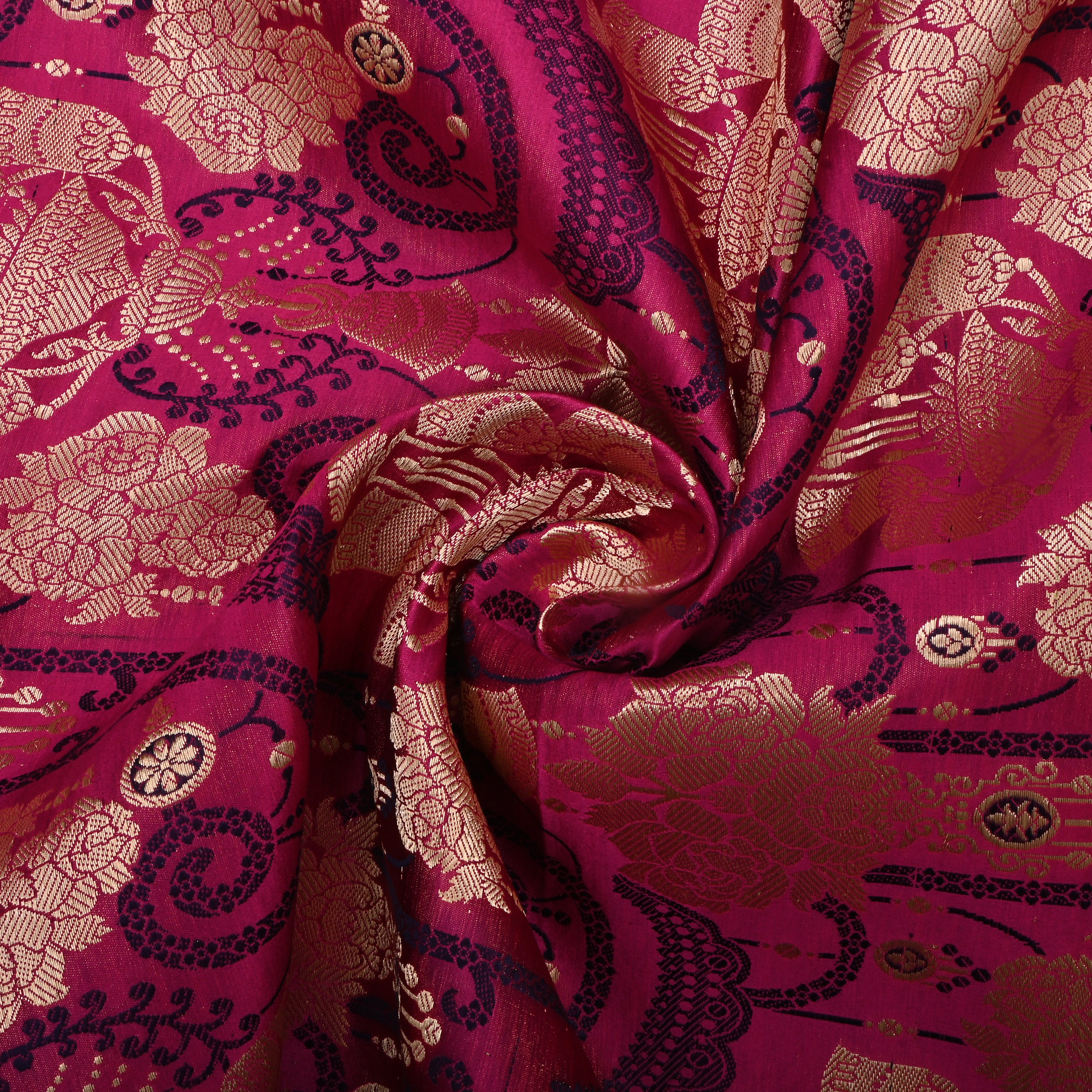 Pink Cranberry Jamawar Satin Fabric With Jaal Design