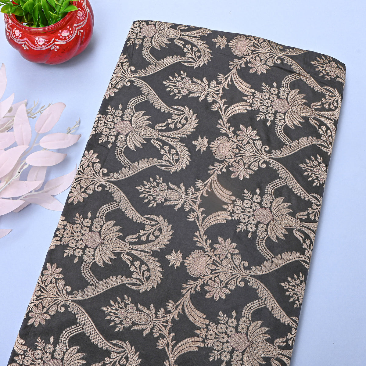 Ebony Gold Zari Brocade Jamawar Silk Fabric