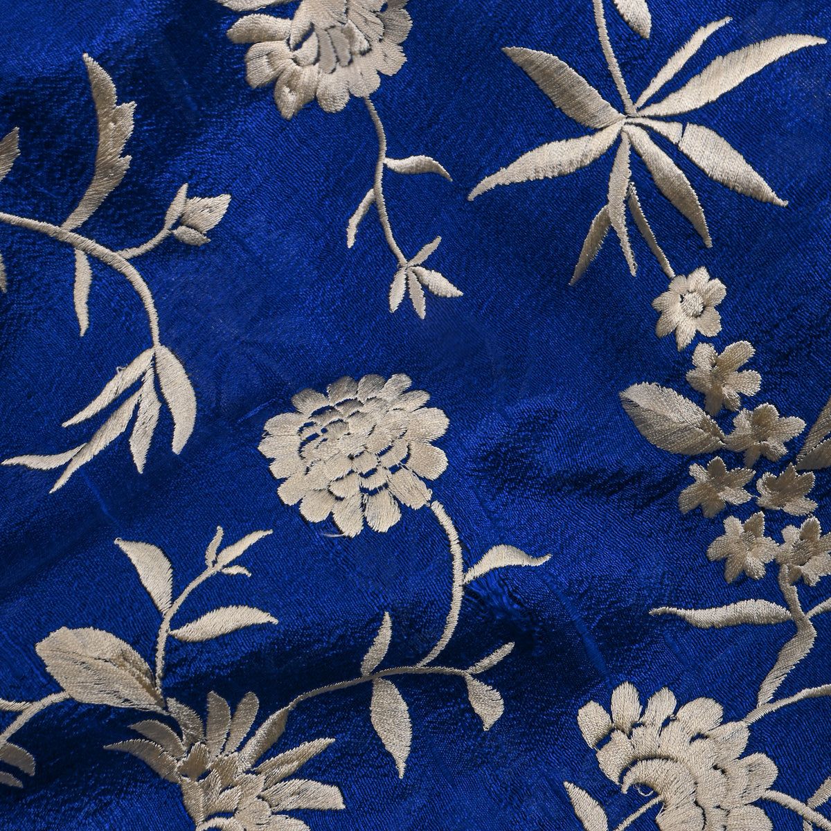 Cobalt Blue Floral Jaal Thread Work Raw Silk Fabric