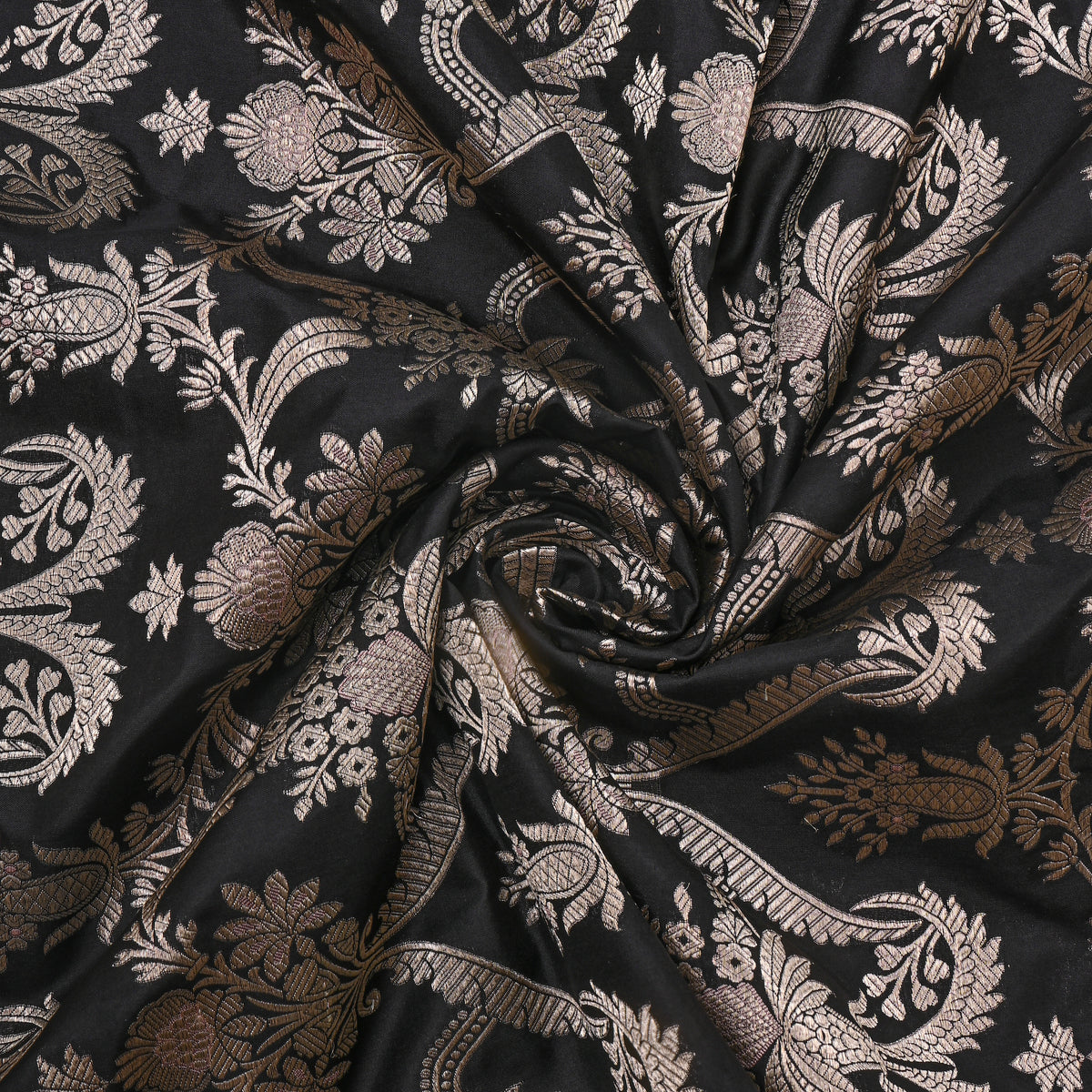 Ebony Gold Zari Brocade Jamawar Silk Fabric