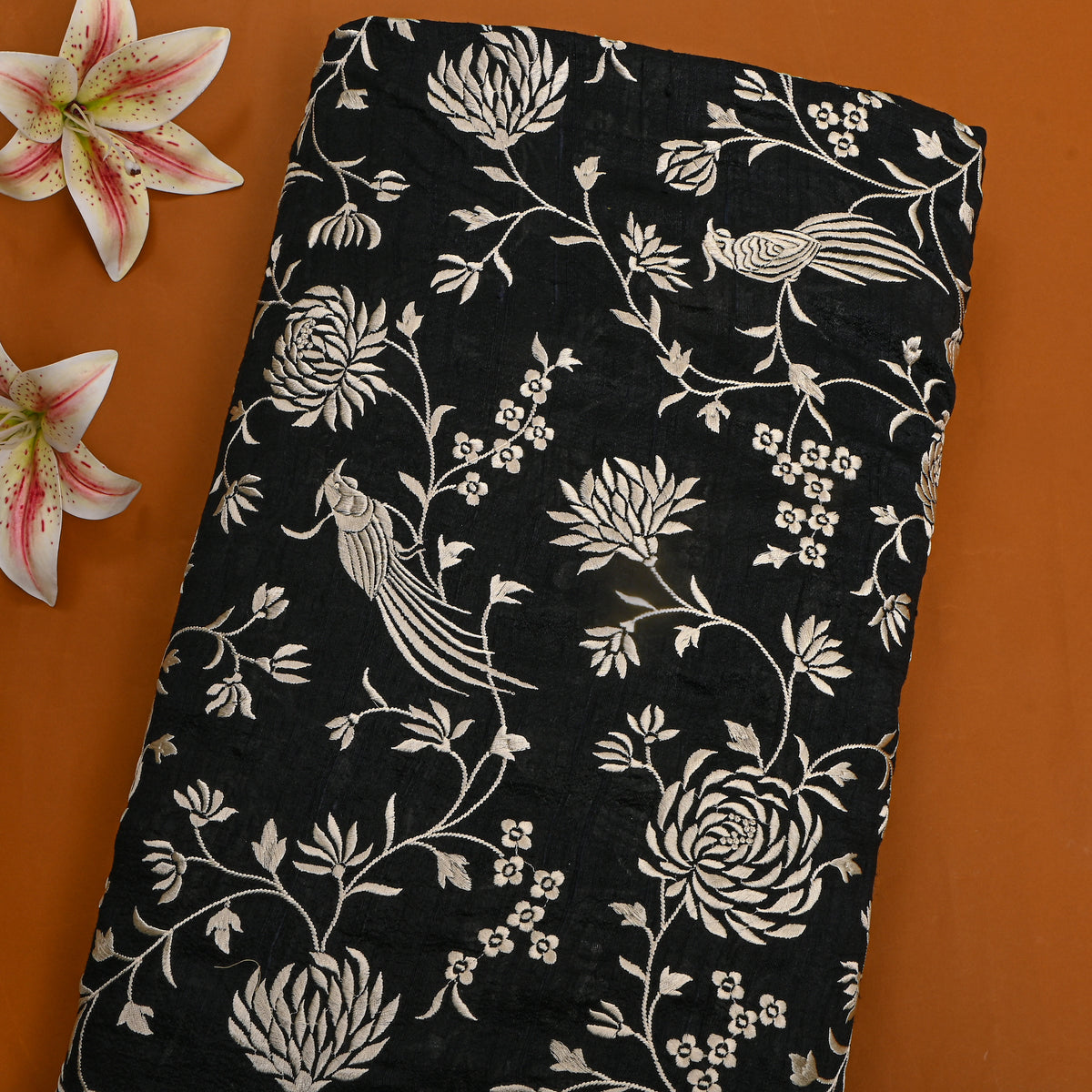 Deep Black With Ivory Thread Work Jaal Raw Silk Fabric