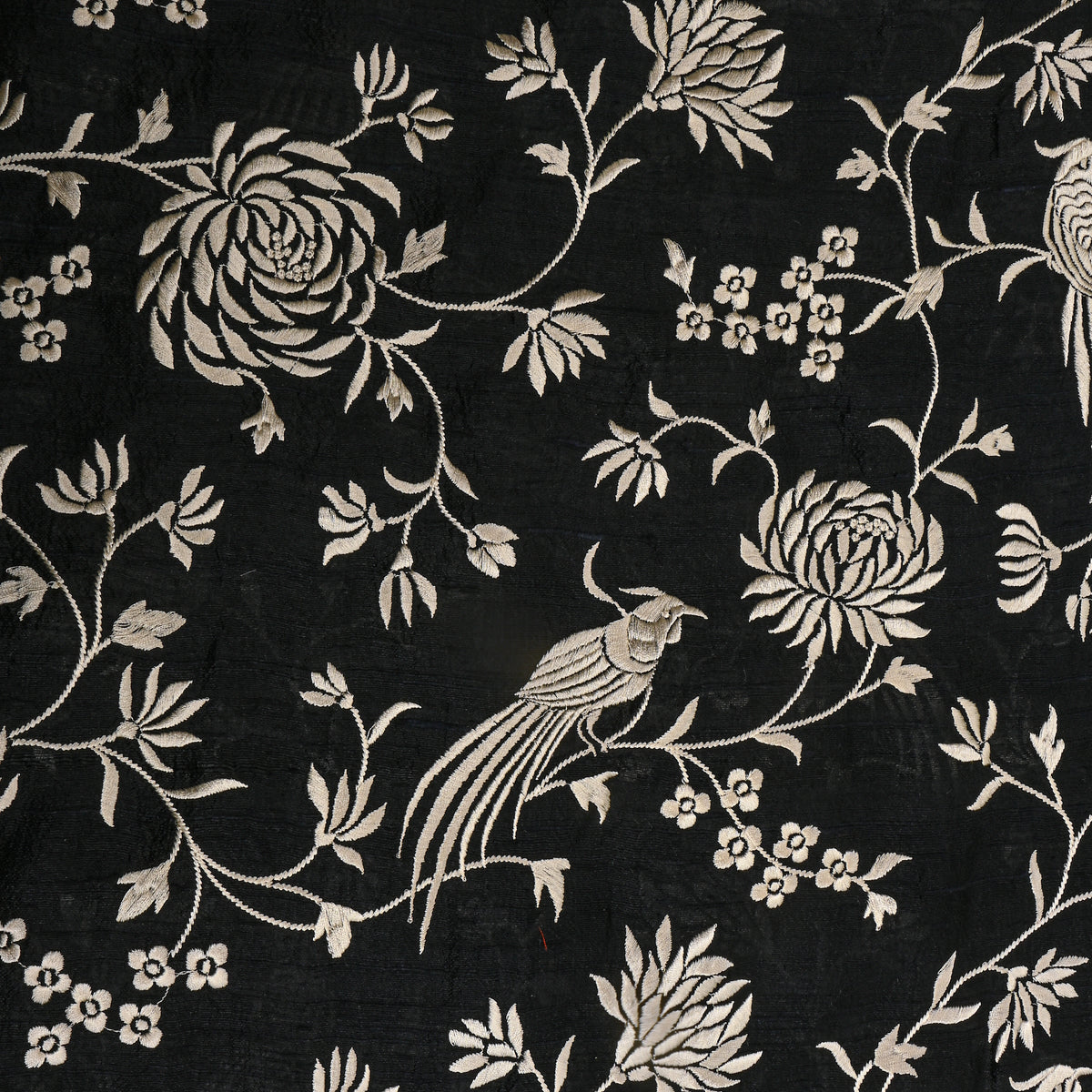 Deep Black With Ivory Thread Work Jaal Raw Silk Fabric