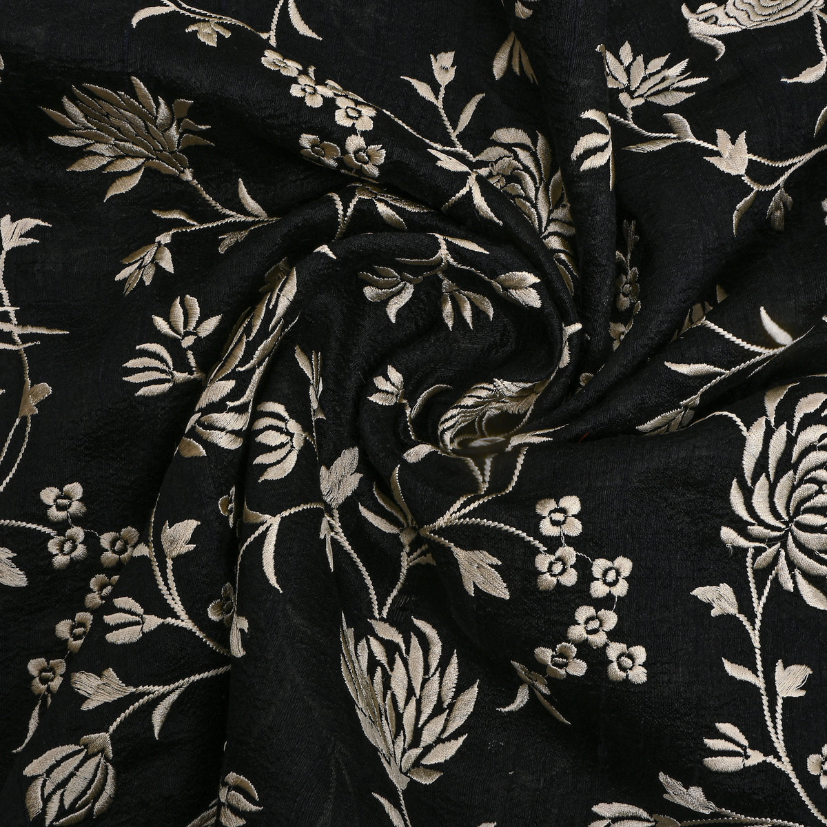 Deep Black With Ivory Thread Work Jaal Raw Silk Fabric