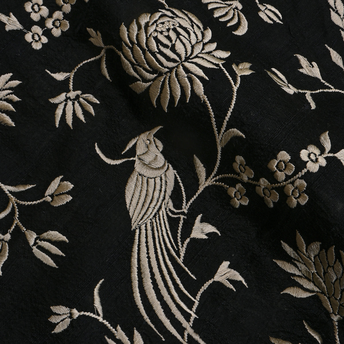 Deep Black With Ivory Thread Work Jaal Raw Silk Fabric