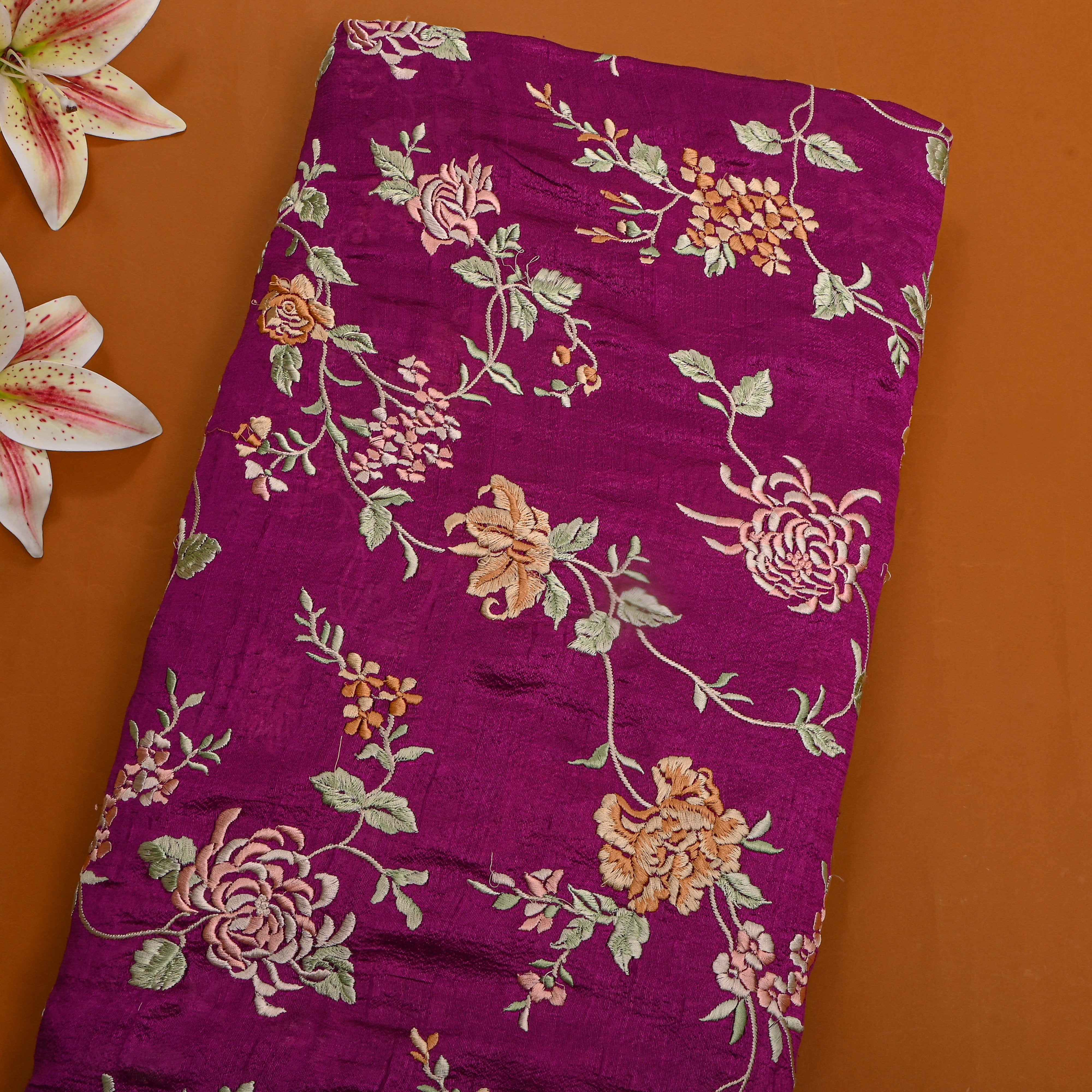 Royal Purple Floral Jaal Embroidery Silk Fabric