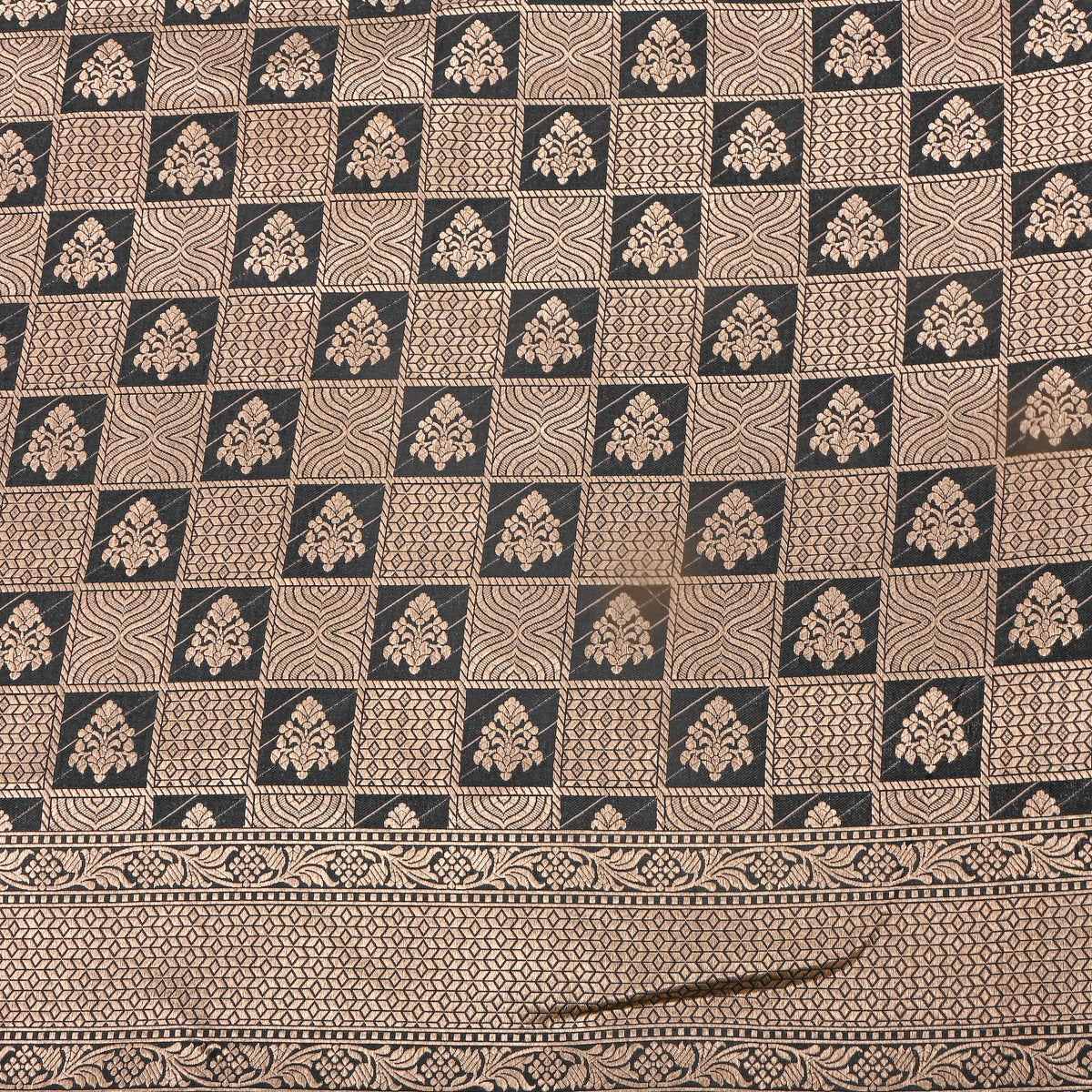 Charcoal Gold Zari Geometric Check Jamawar Silk Fabric