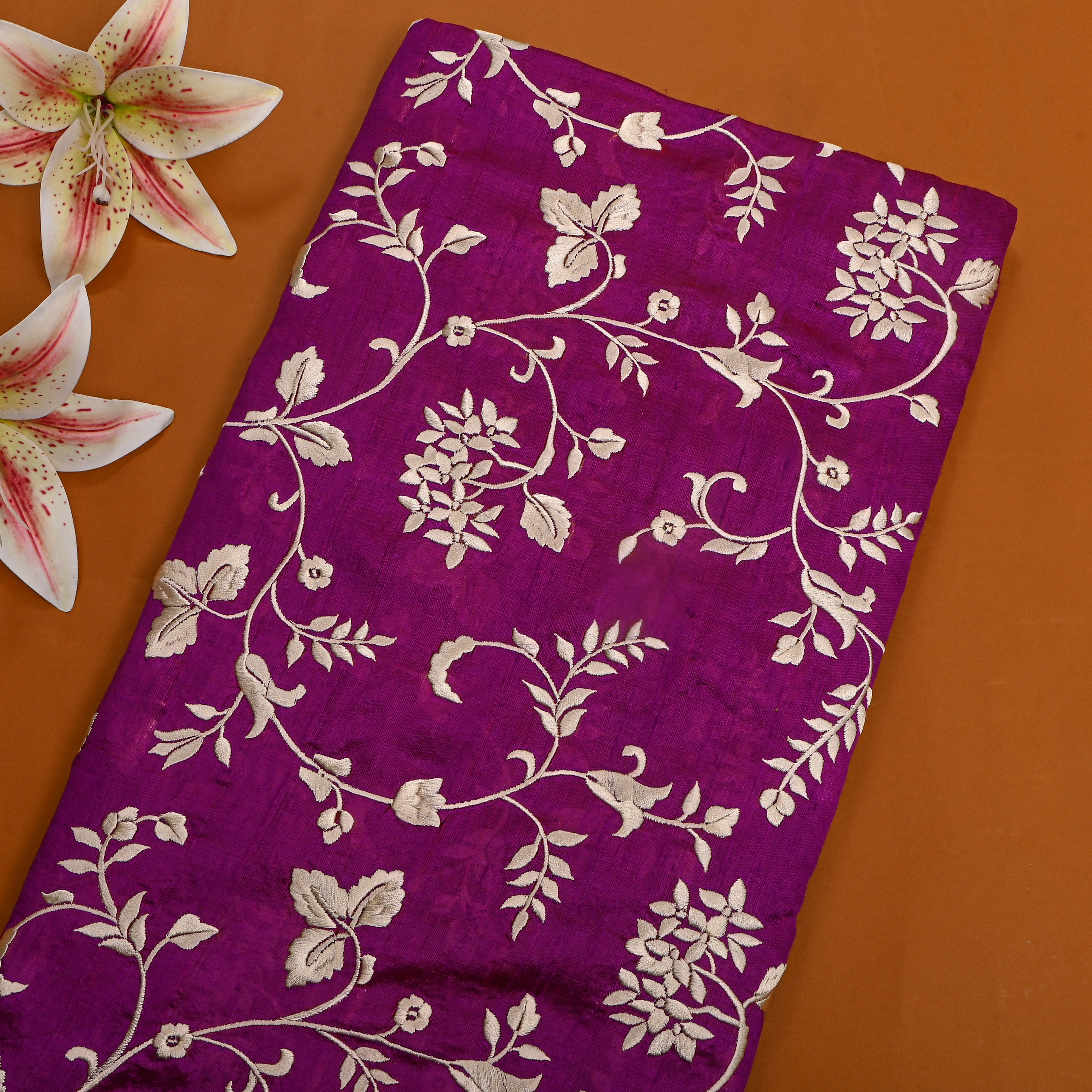 Purple With Beige Thread Work Embroidet R Aw Silk Fabric