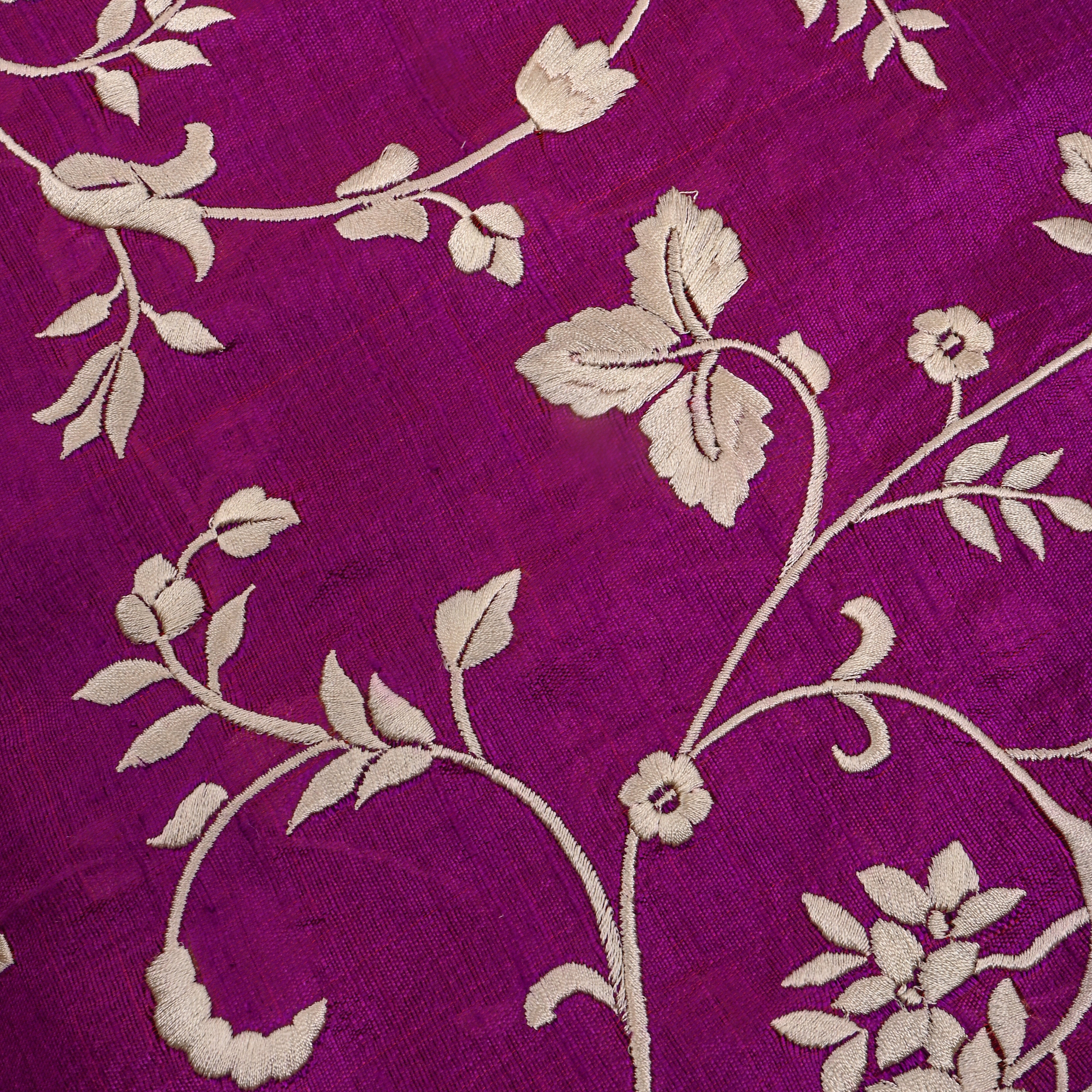 Purple With Beige Thread Work Embroidet R Aw Silk Fabric