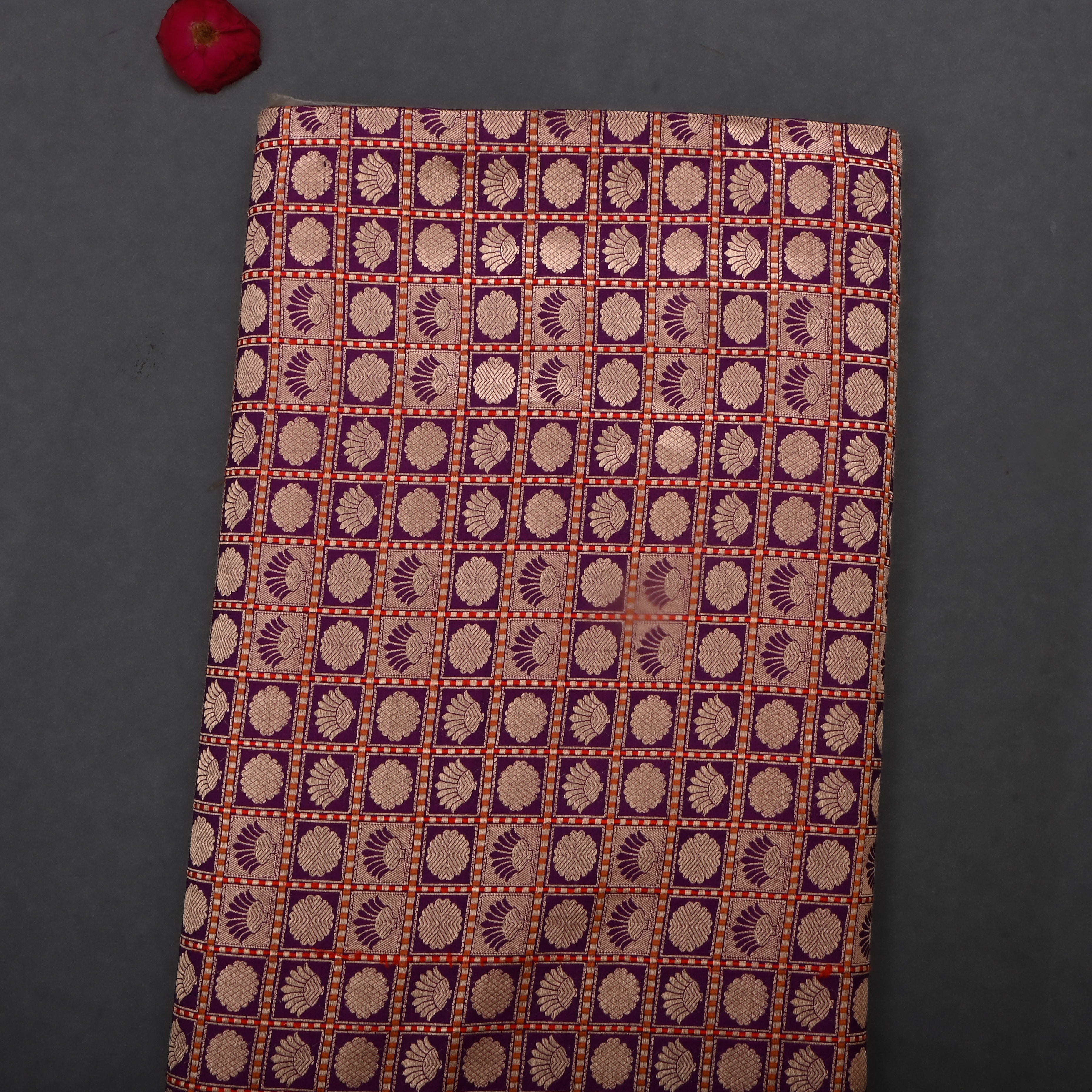 Very Dark Purple Jamawar Silk Fabric With Checks Pattern