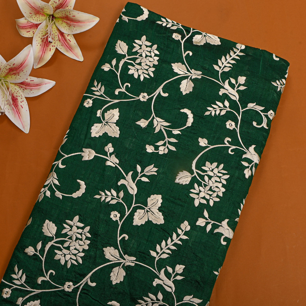 Green With Begie Thread Work Embroidery Raw Silk Fabric