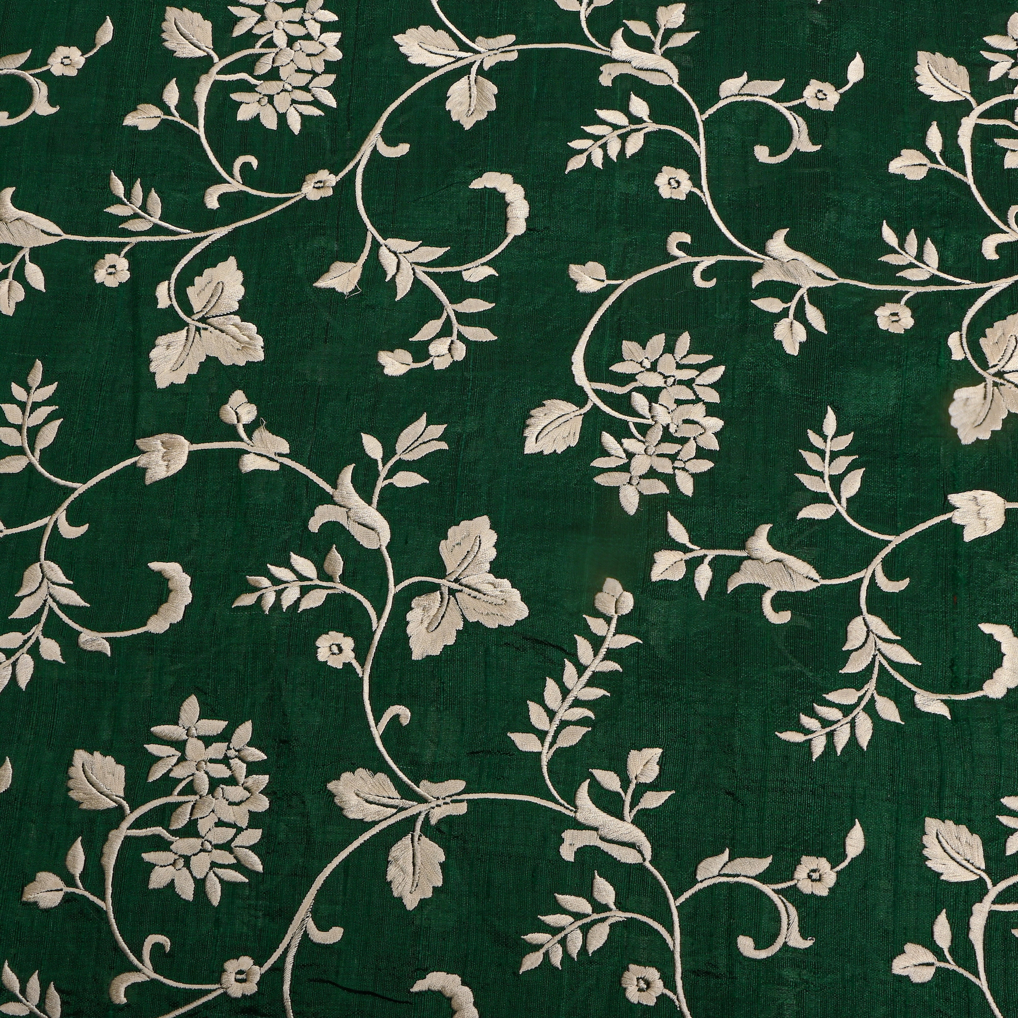 Green With Begie Thread Work Embroidery Raw Silk Fabric