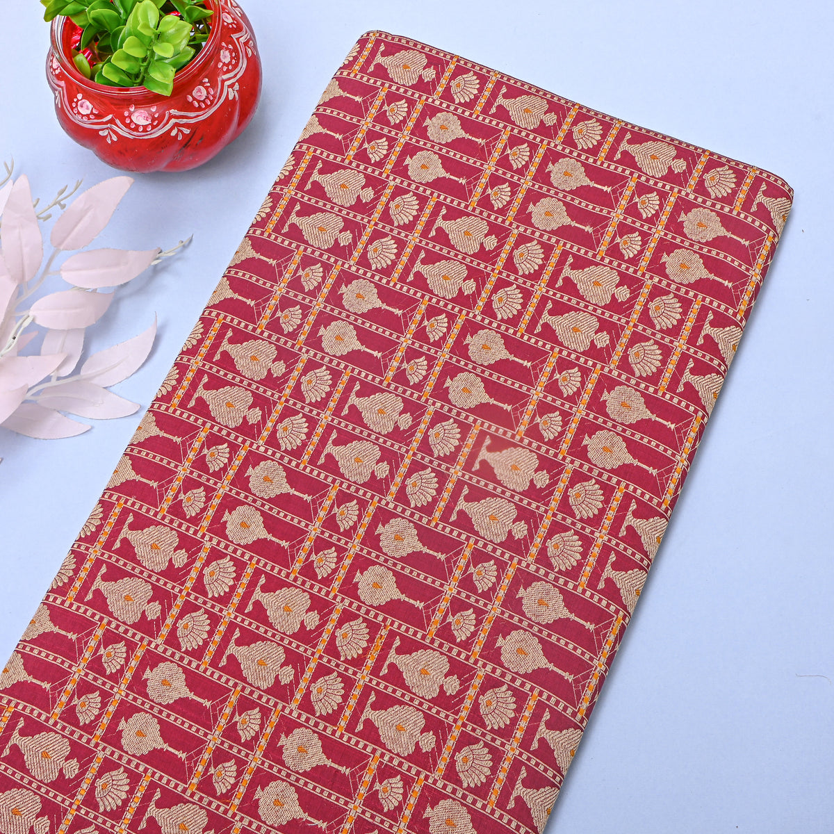 Rich Wine Maroon Jamawar Silk Fabric With Gold Zari Brocade