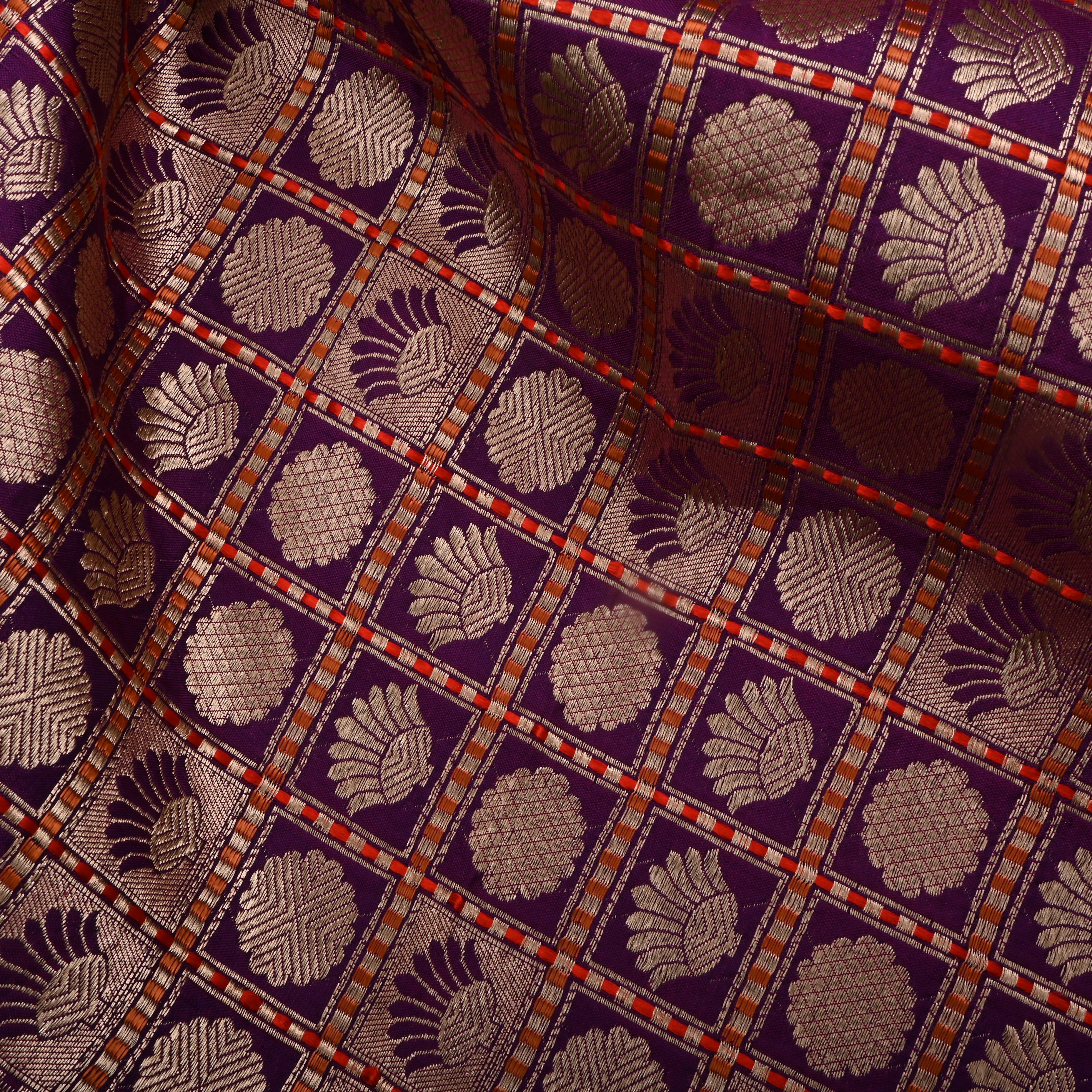 Very Dark Purple Jamawar Silk Fabric With Checks Pattern