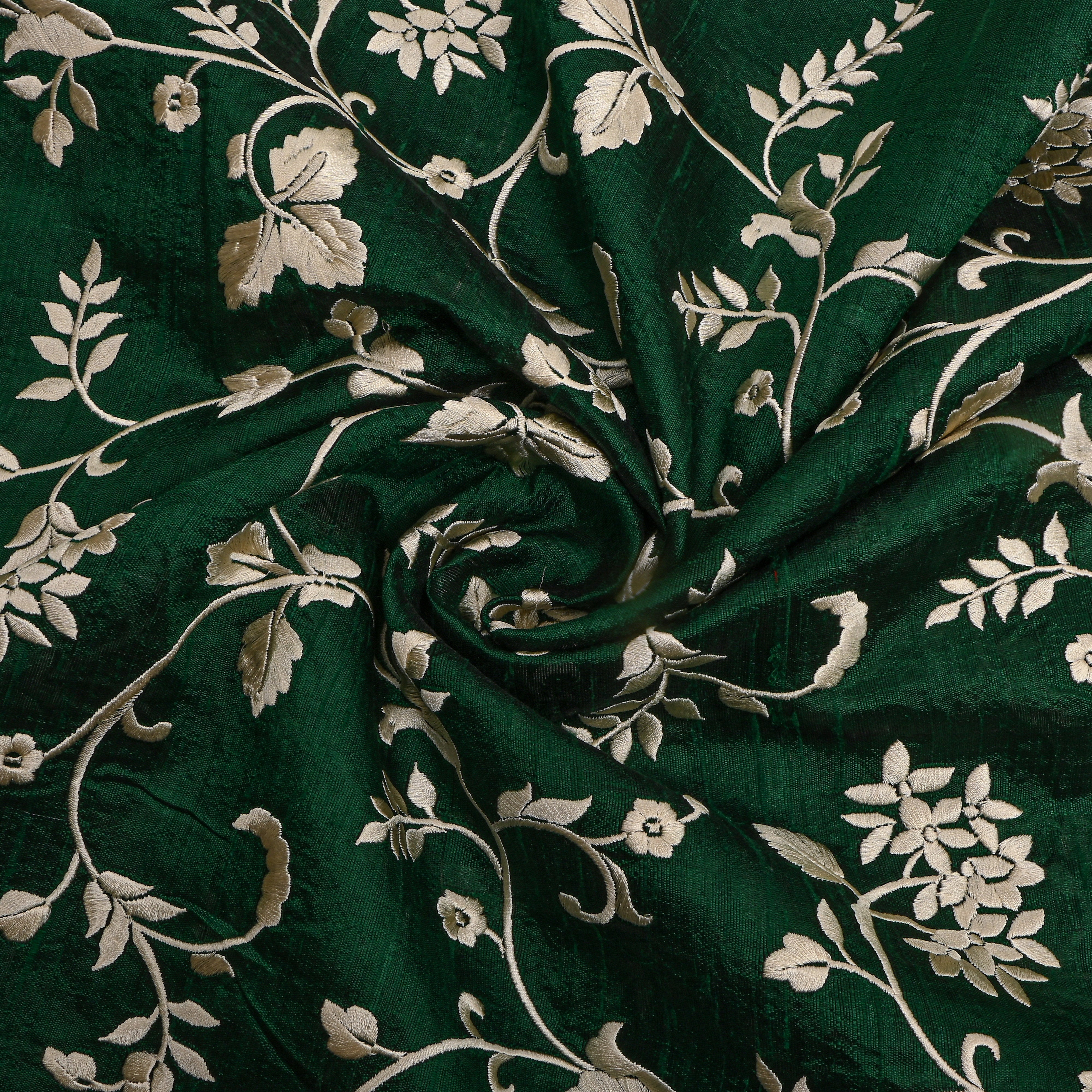 Green With Begie Thread Work Embroidery Raw Silk Fabric