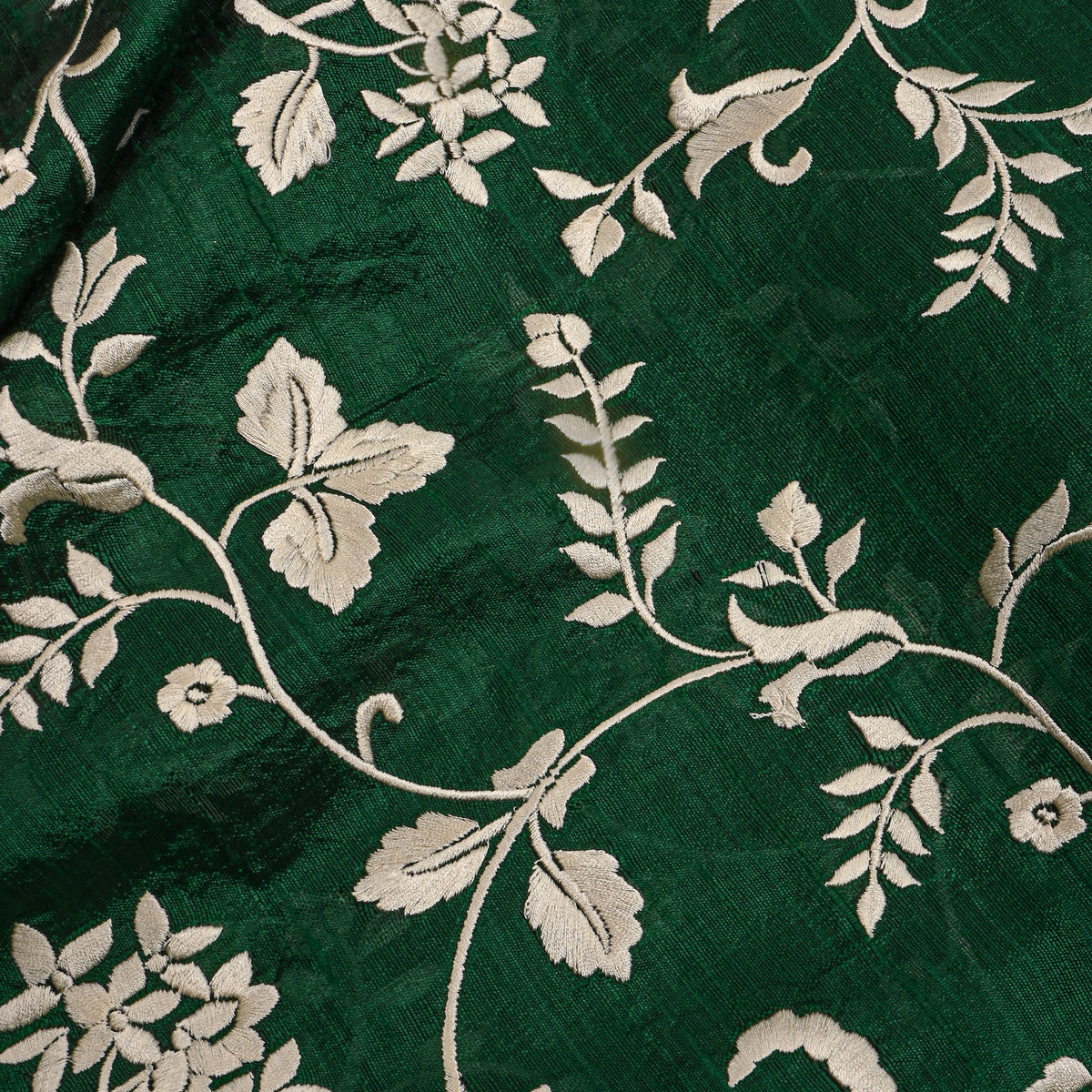 Green With Begie Thread Work Embroidery Raw Silk Fabric
