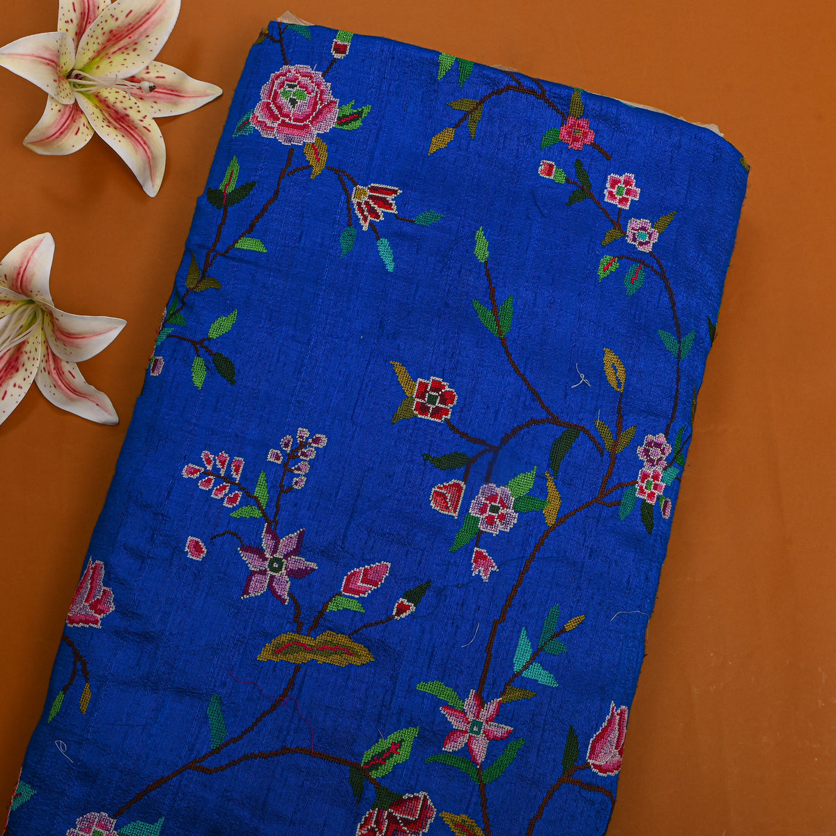 Dark Blue With Coloueful Floral Jaal Thread Woek Raw Silk Fabric