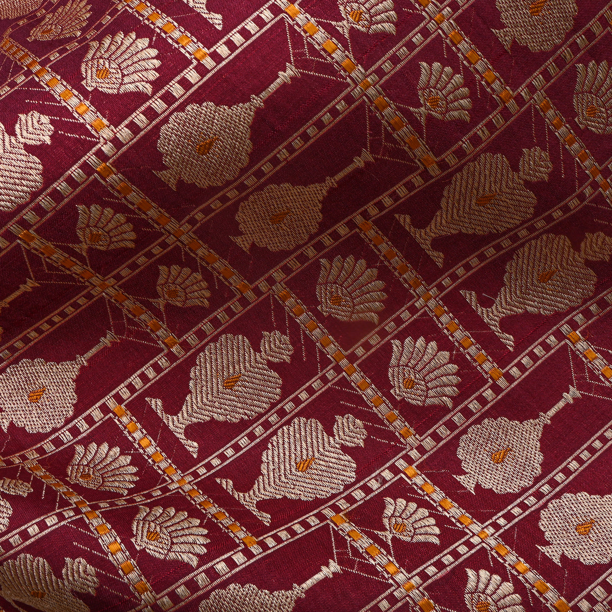 Rich Wine Maroon Jamawar Silk Fabric With Gold Zari Brocade