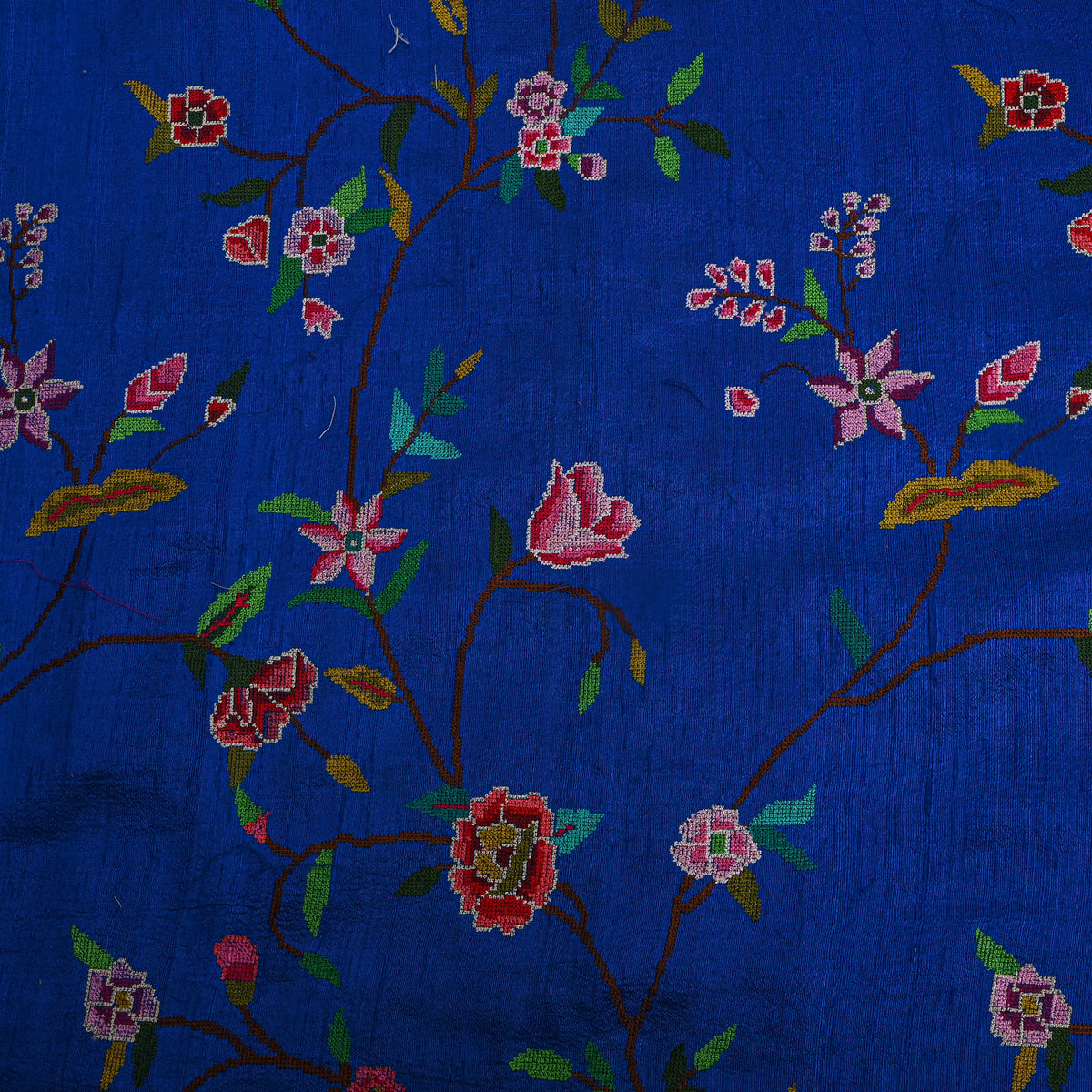 Dark Blue With Coloueful Floral Jaal Thread Woek Raw Silk Fabric