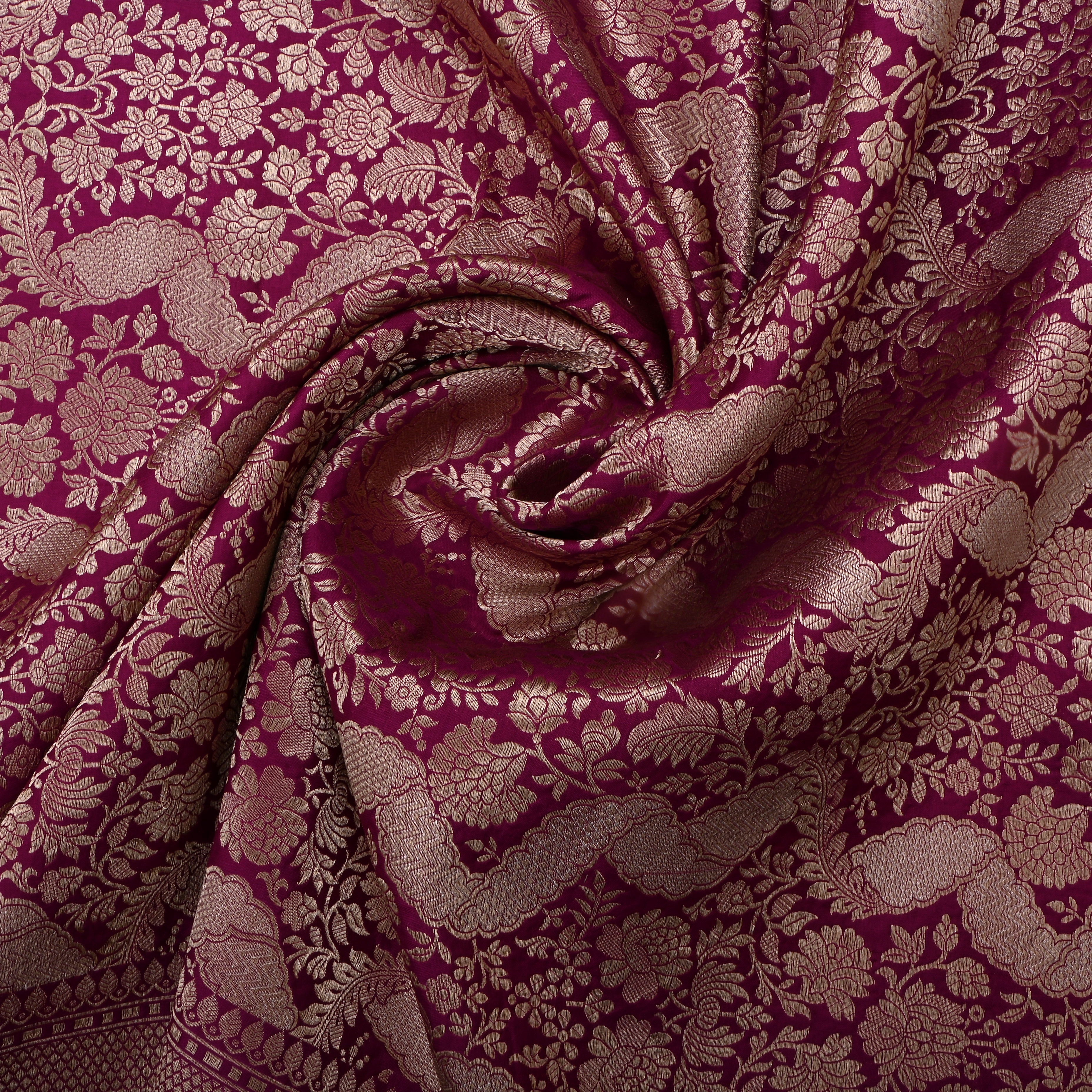Black Rose Magenta Red Jamawar Silk Fabric With Floral Jaal