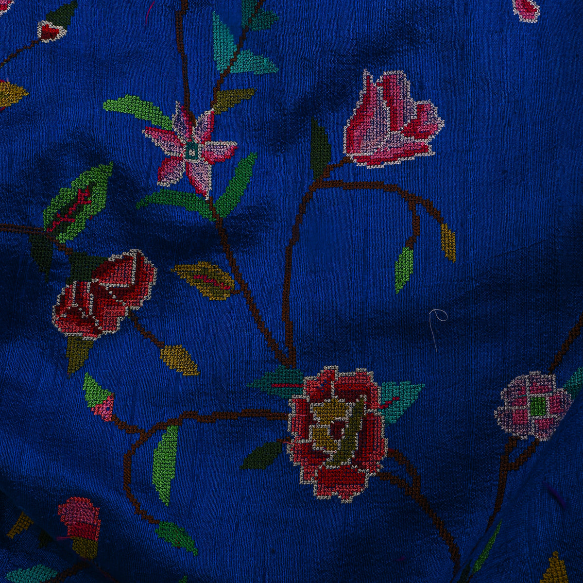 Dark Blue With Coloueful Floral Jaal Thread Woek Raw Silk Fabric