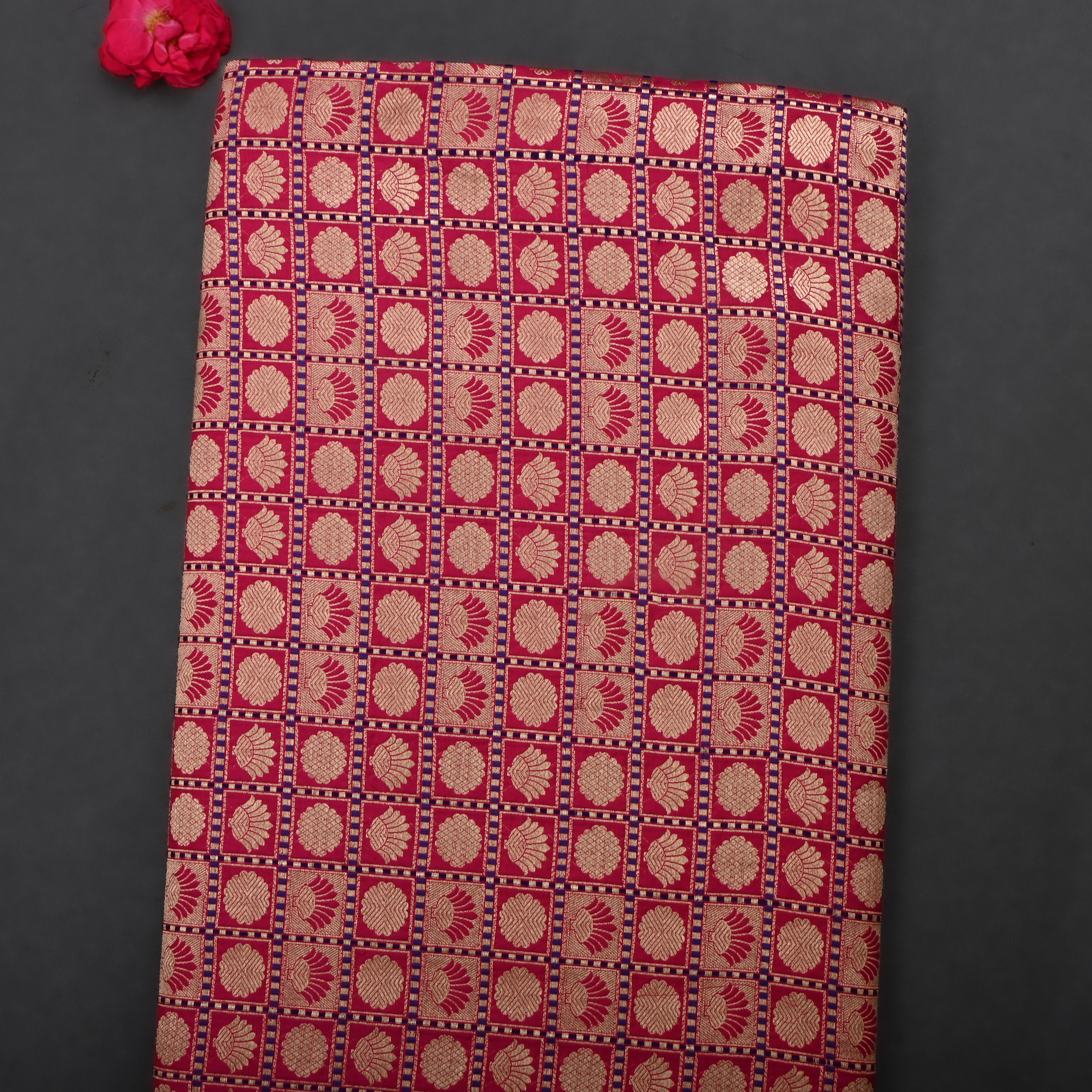 Cherry Red Jamawar Silk Fabric With Checks Pattern