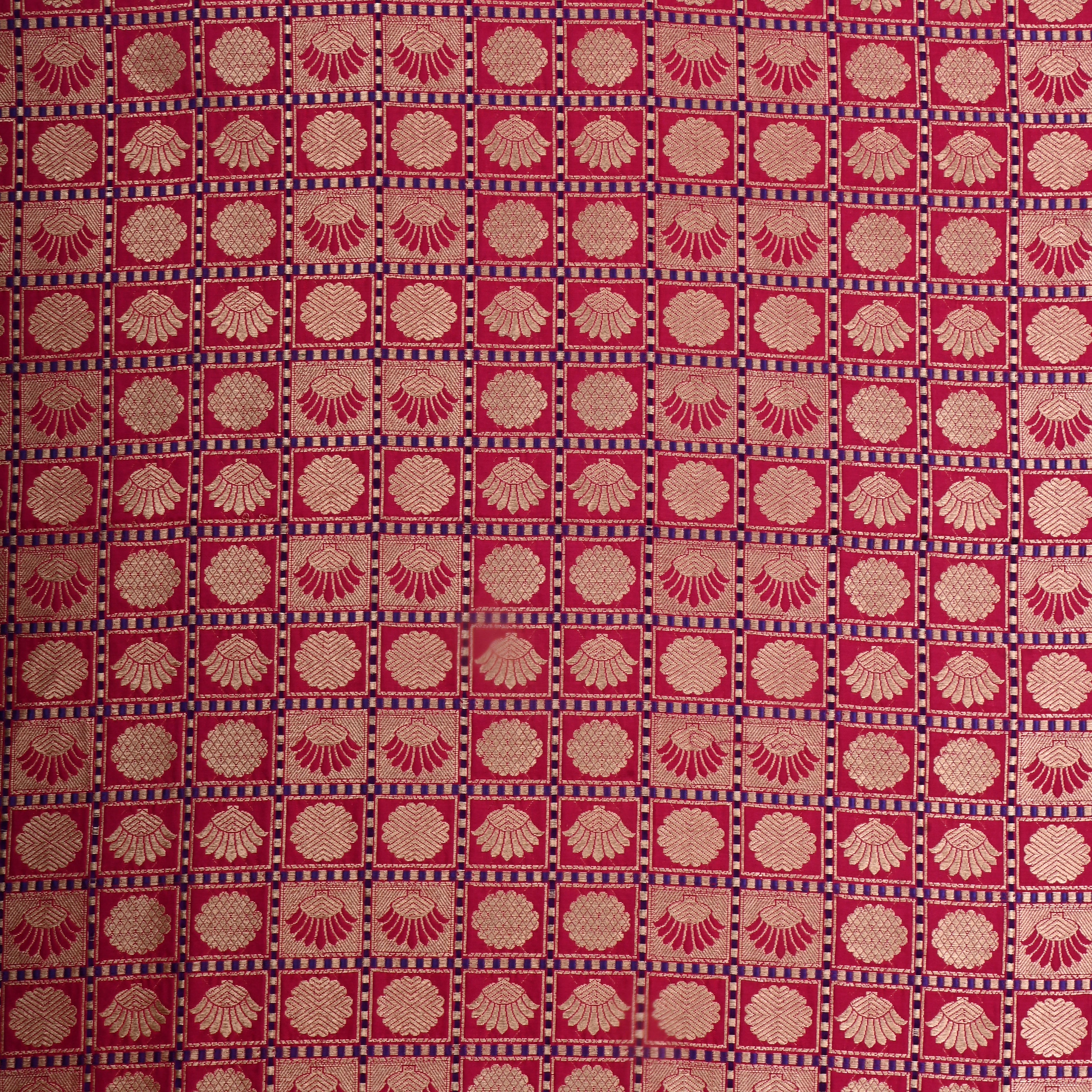 Cherry Red Jamawar Silk Fabric With Checks Pattern
