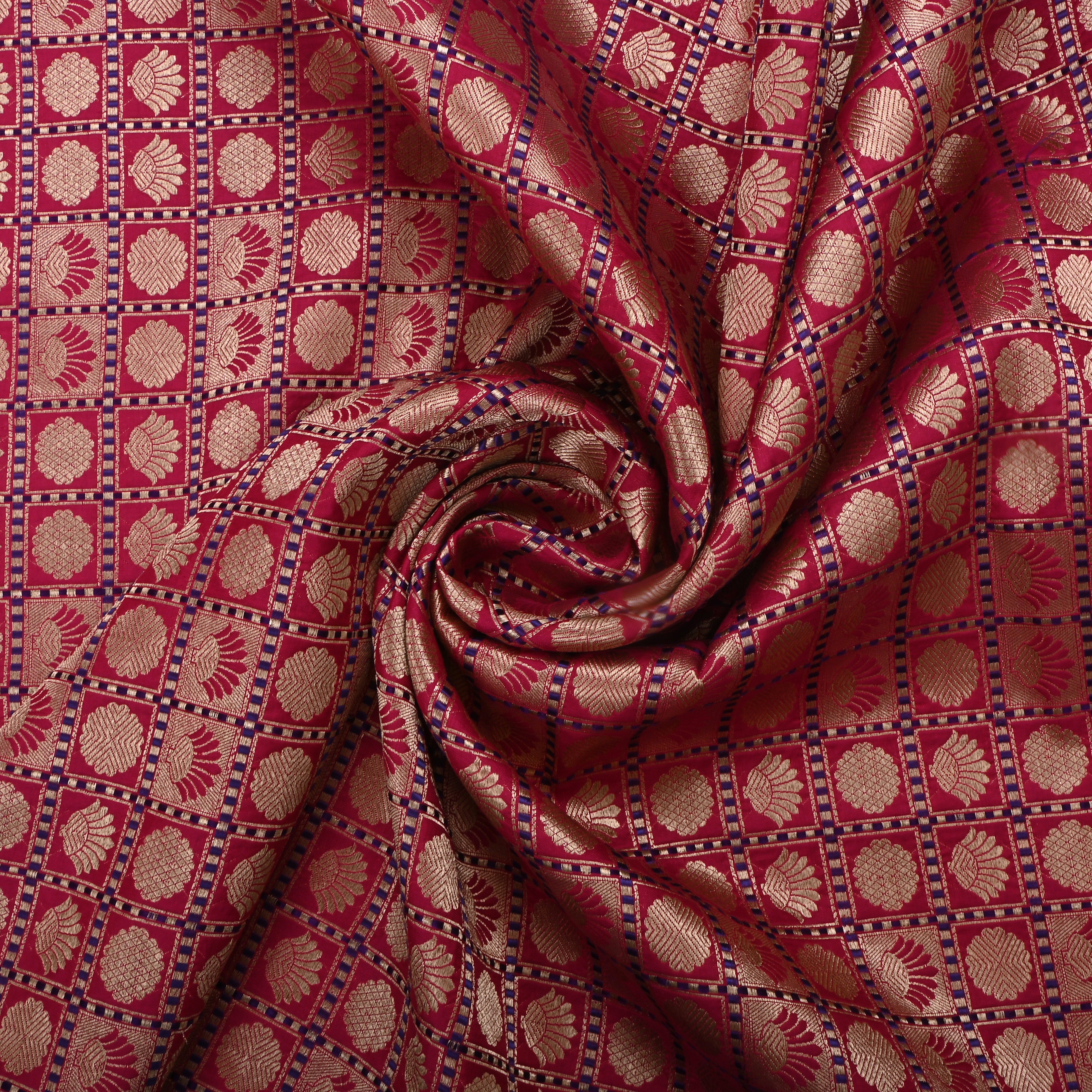 Cherry Red Jamawar Silk Fabric With Checks Pattern
