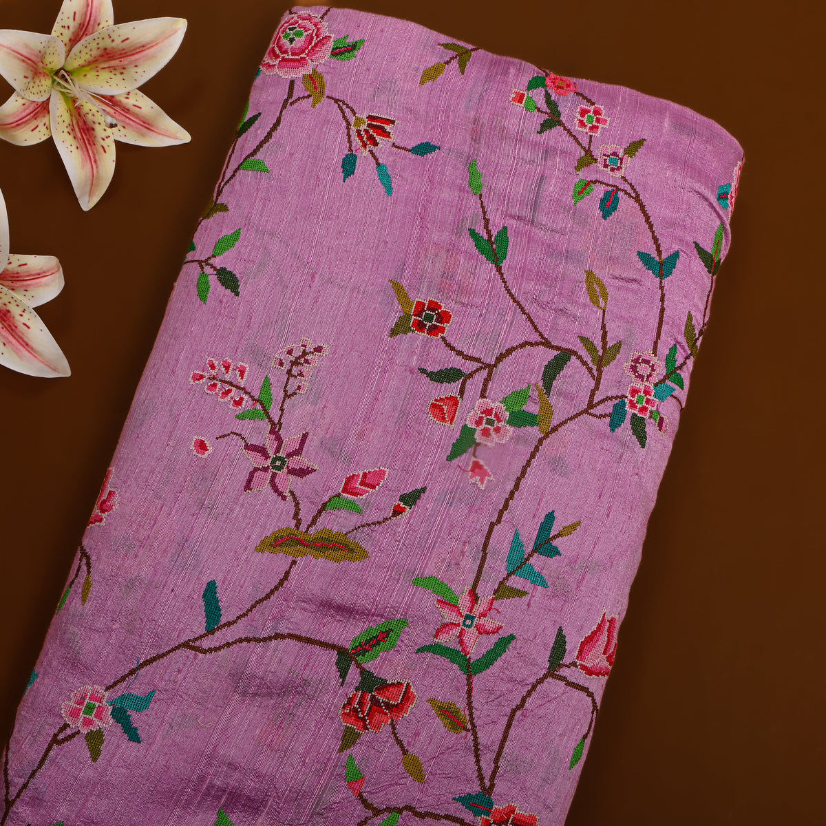 Dirty Purple Kashmiri Sozni Embroider Raw Silk Fabric