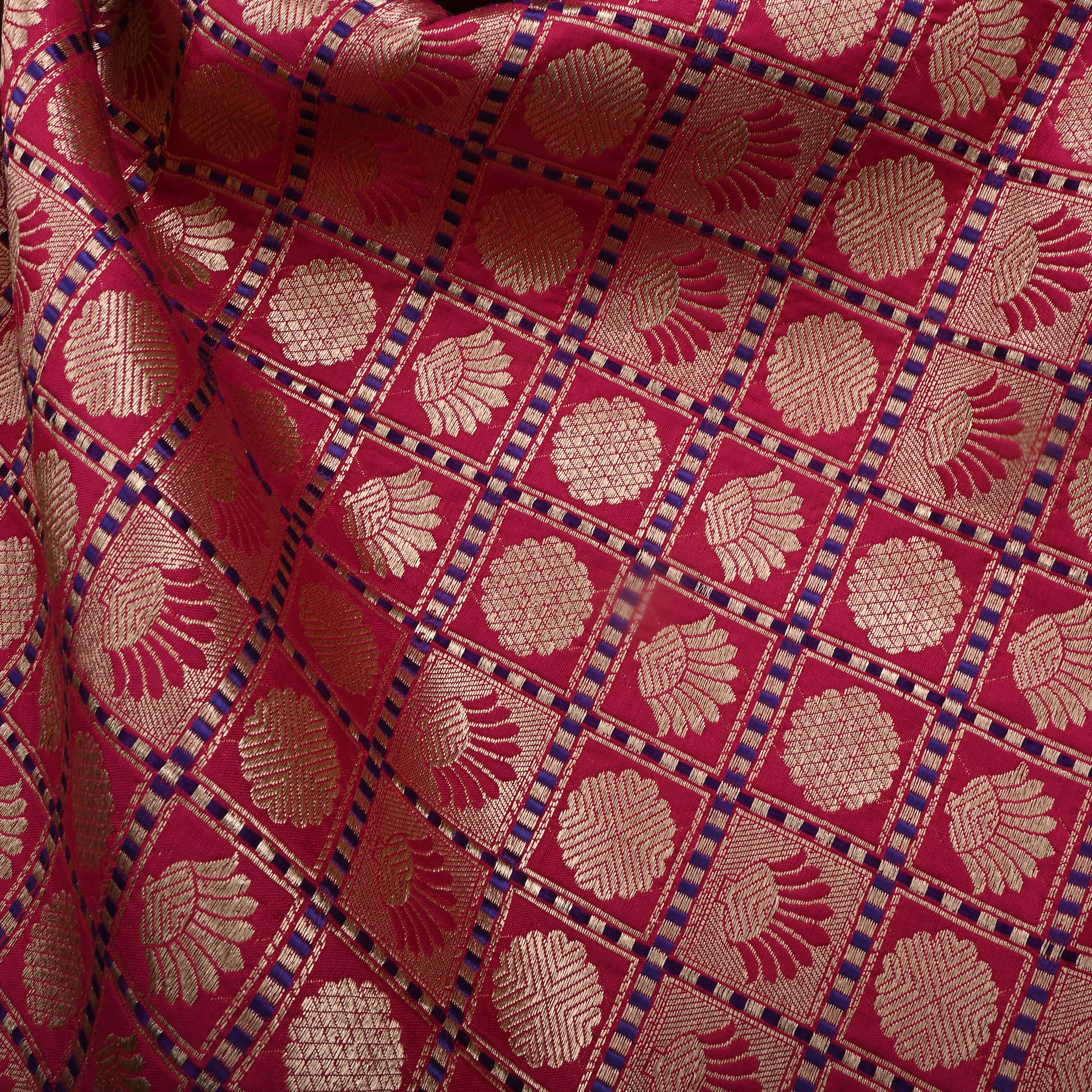 Cherry Red Jamawar Silk Fabric With Checks Pattern