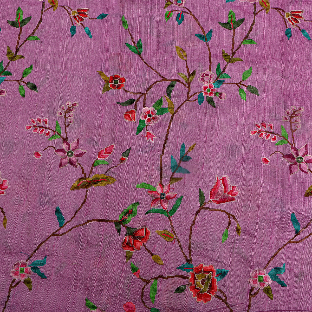 Dirty Purple Kashmiri Sozni Embroider Raw Silk Fabric