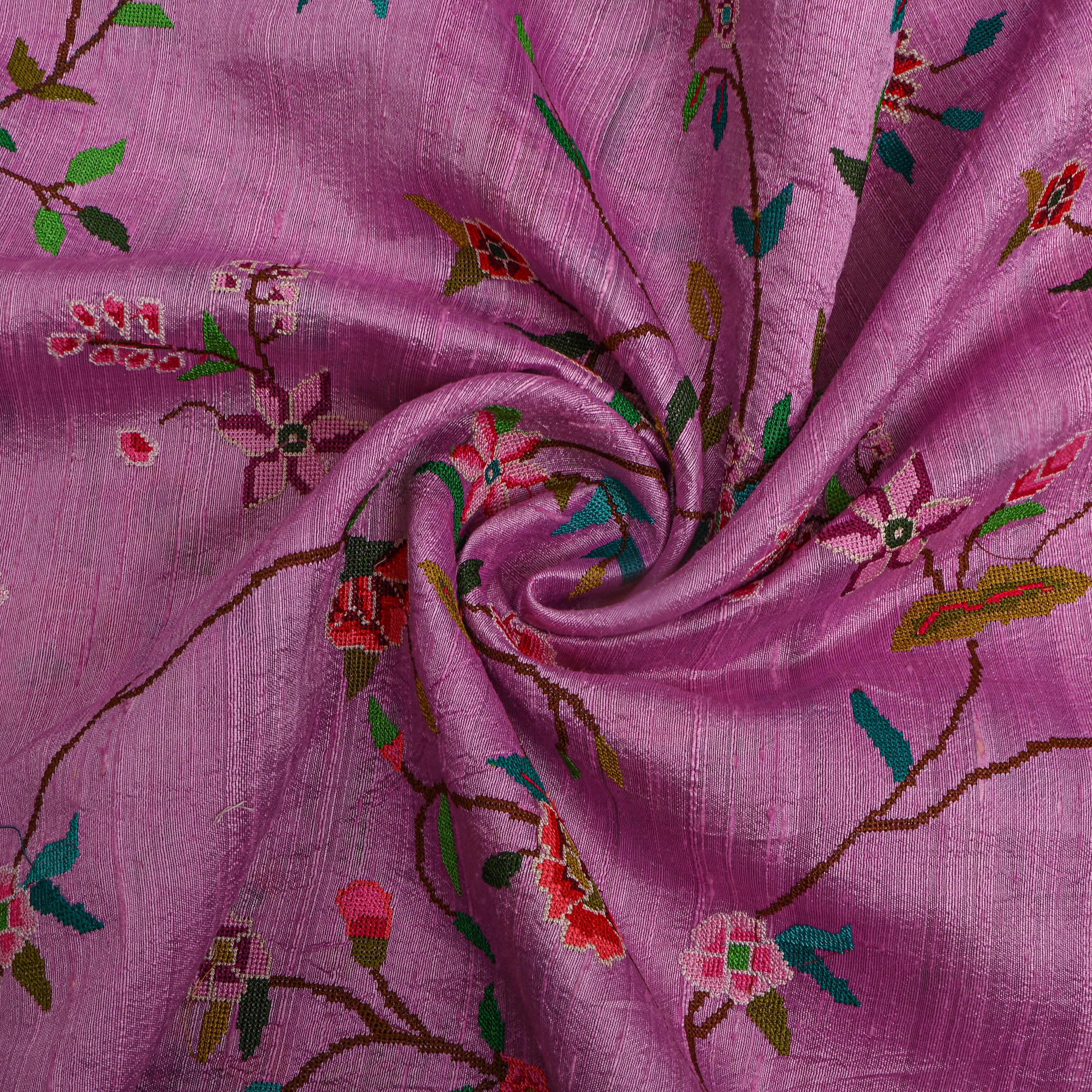 Dirty Purple Kashmiri Sozni Embroider Raw Silk Fabric