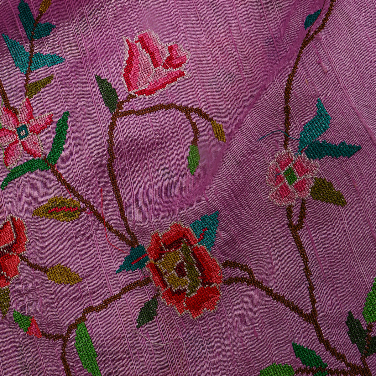 Dirty Purple Kashmiri Sozni Embroider Raw Silk Fabric