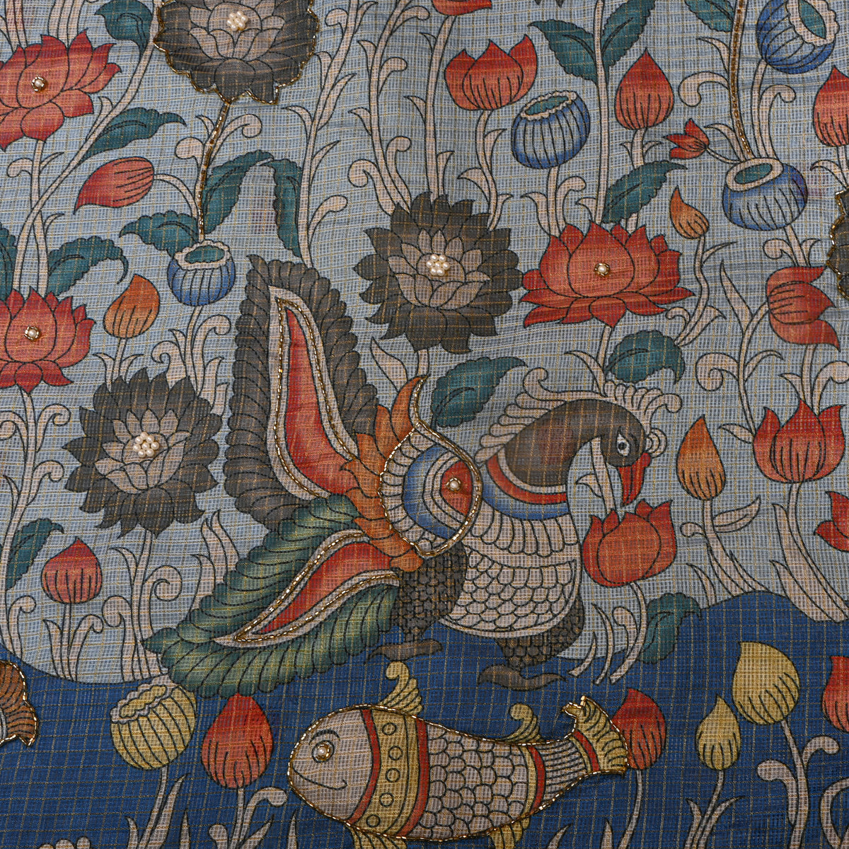 Chambray Floral Bird Print Embroidered Kota Doria Fabric