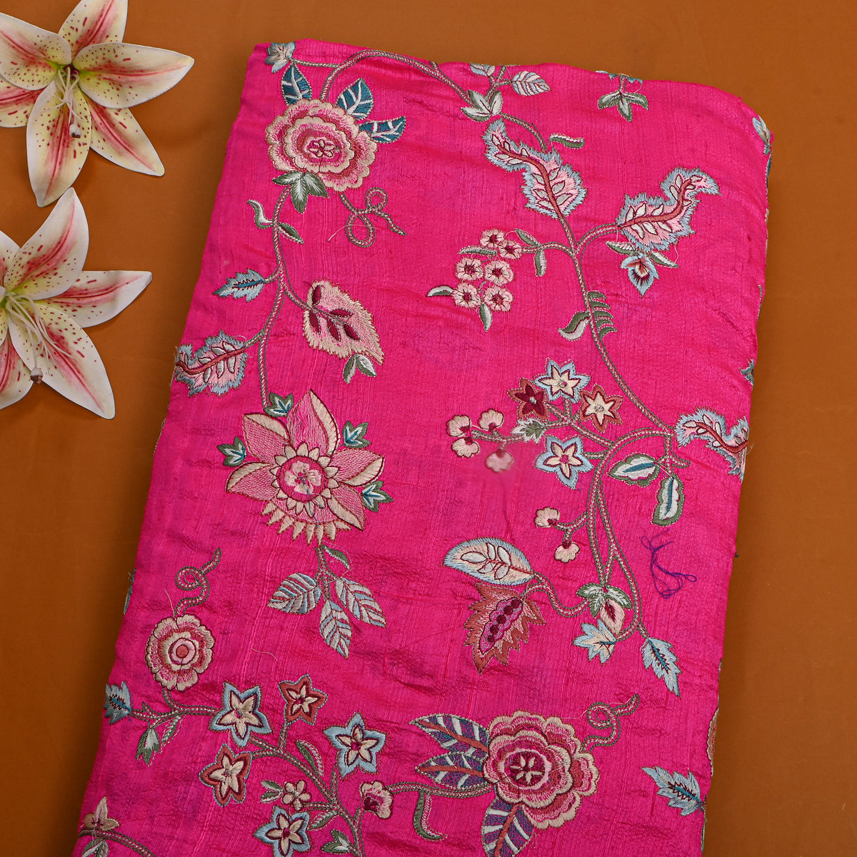 Pink Floral Thread Work Raw Silk