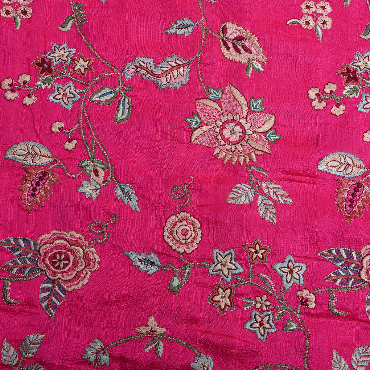 Pink Floral Thread Work Raw Silk