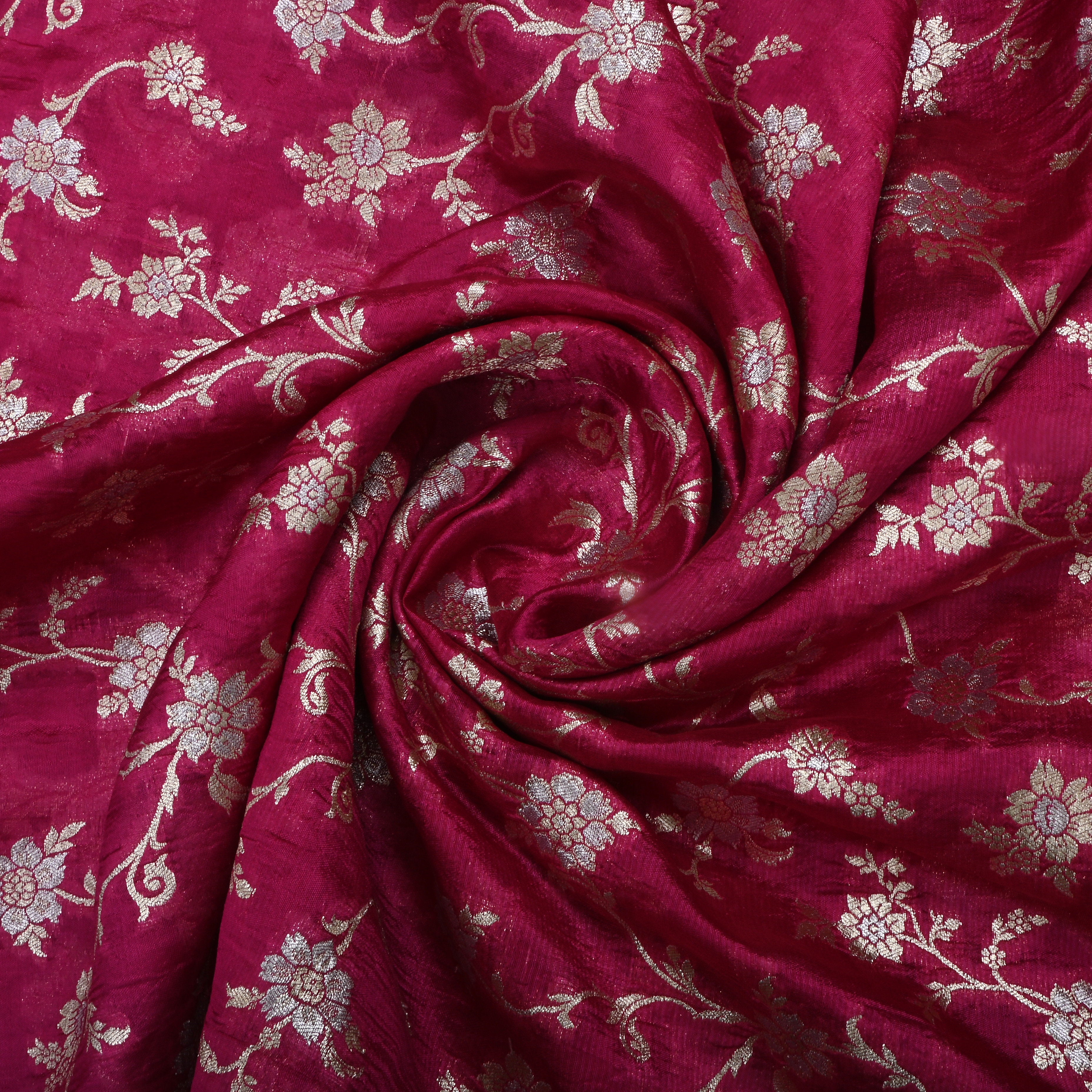 Purplish Red Jamawar Silk Fabric With Floral Jaal