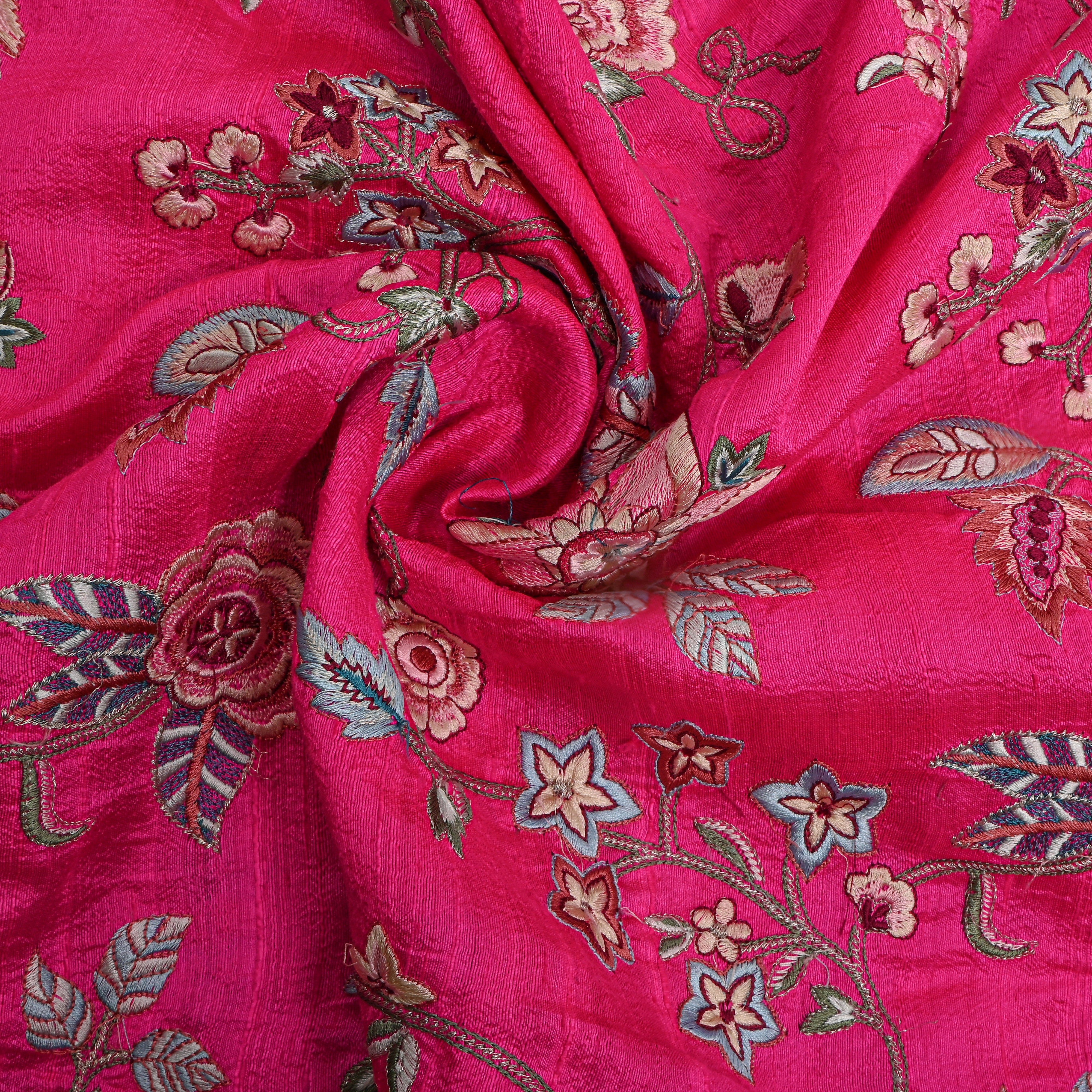 Pink Floral Thread Work Raw Silk