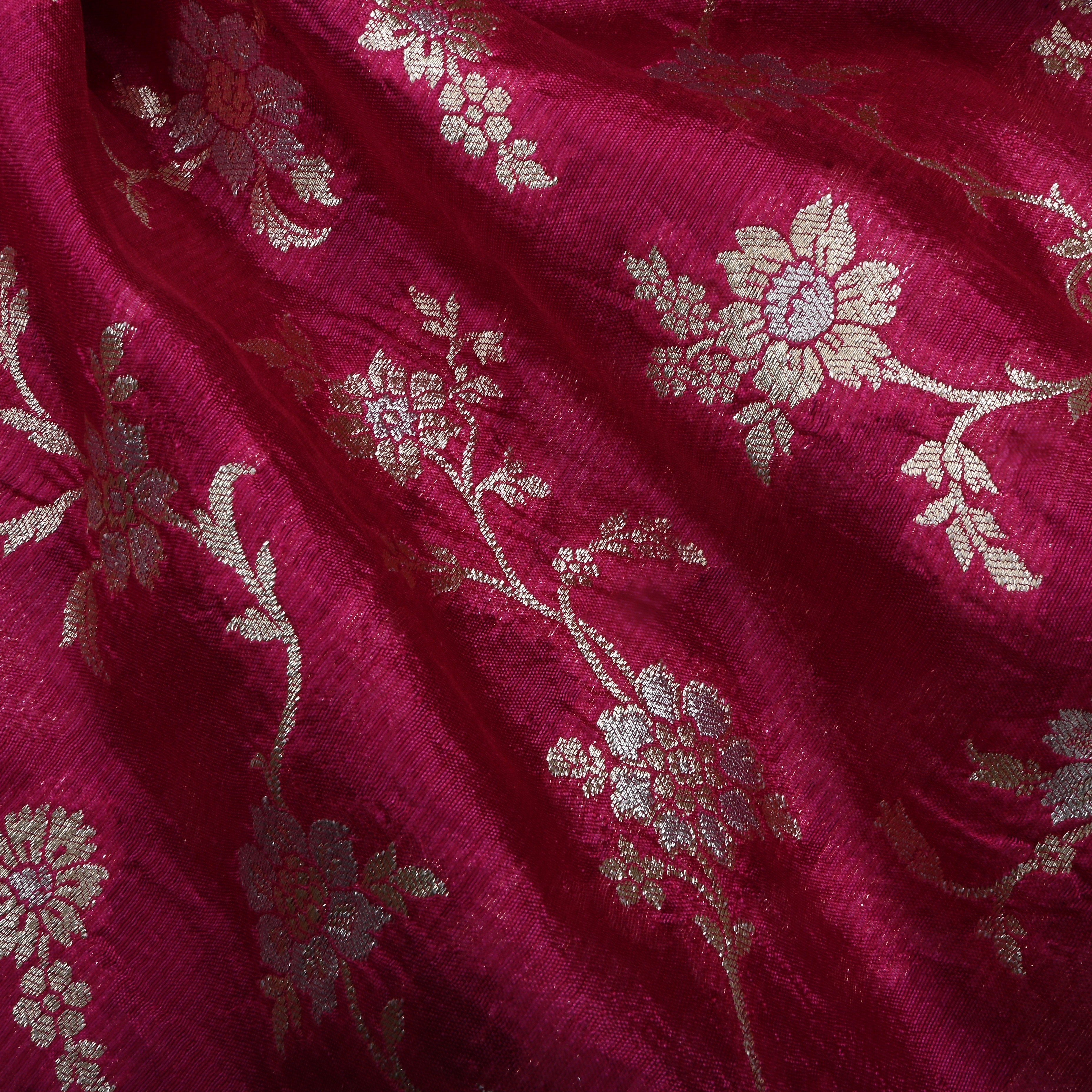 Purplish Red Jamawar Silk Fabric With Floral Jaal