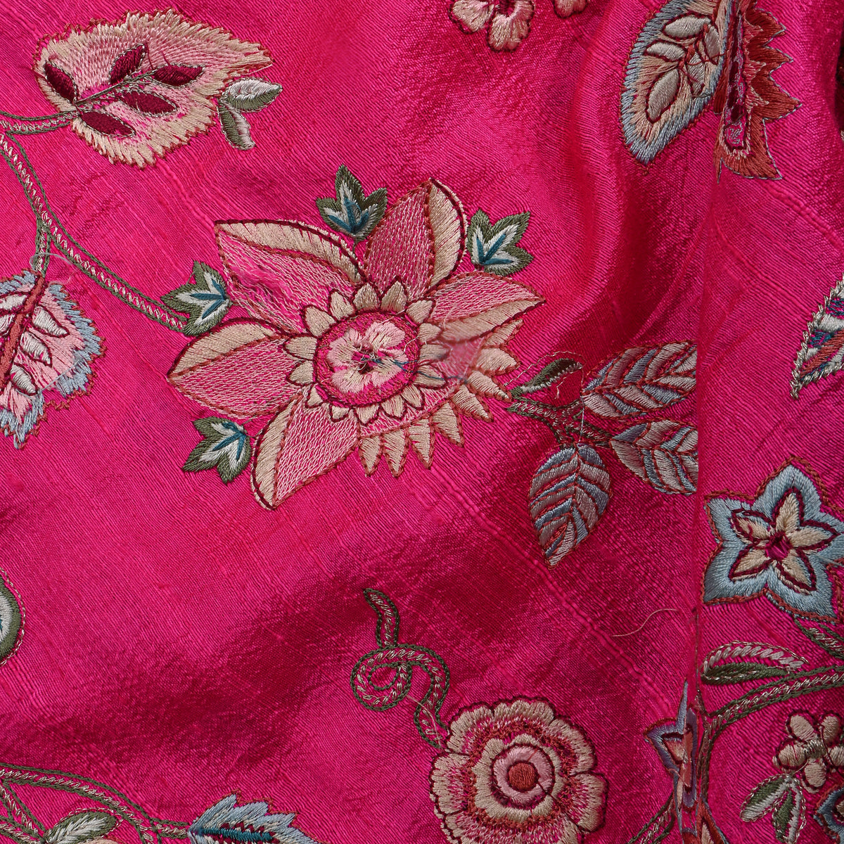 Pink Floral Thread Work Raw Silk