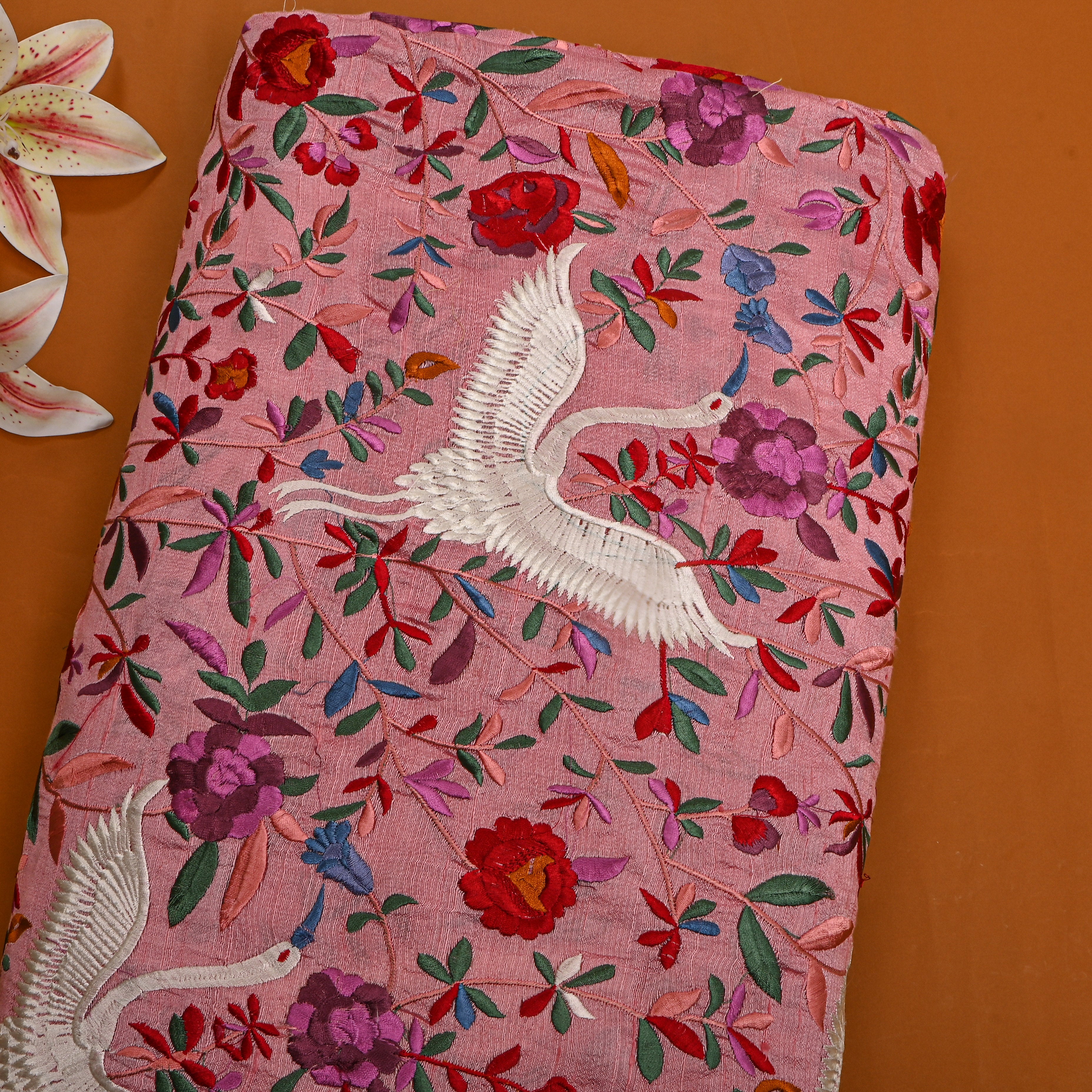 Bright Pink Raw Silk With Bird Motif Thread Work