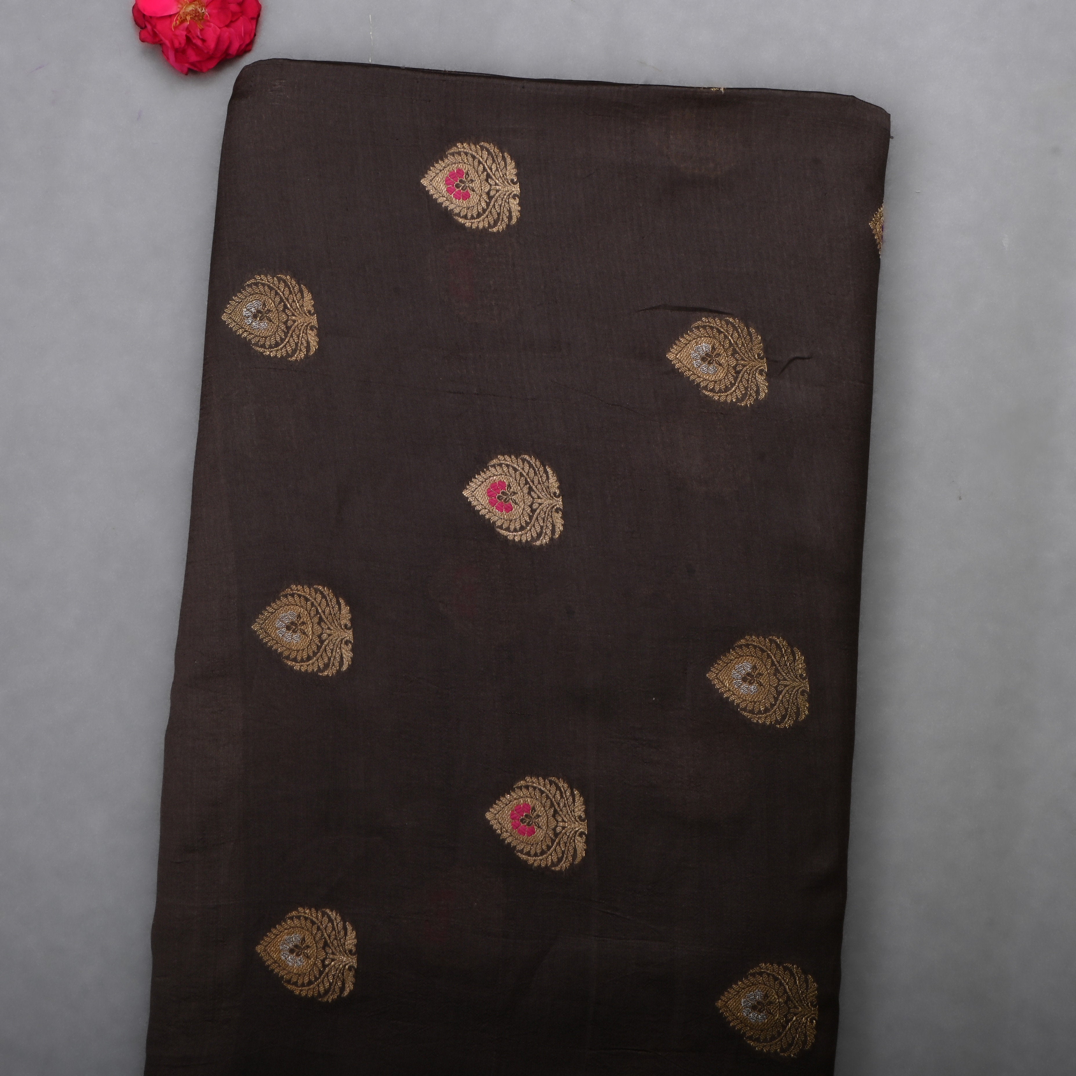 Dark Brown Jamawar Silk Fabric With Butti'S